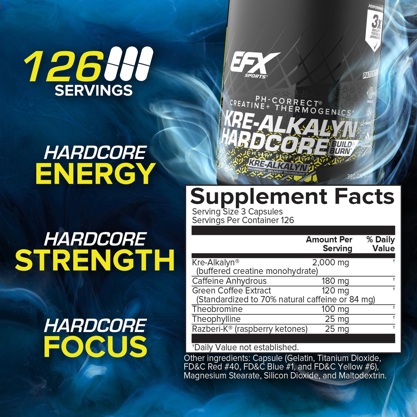 EFX Sports Kre-Alkalyn Hardcore | Thermogenic pH Correct Creatine Monohydrate Pill Supplement | Energy & Strength Pre Workout | 126 Servings, 380 Capsules