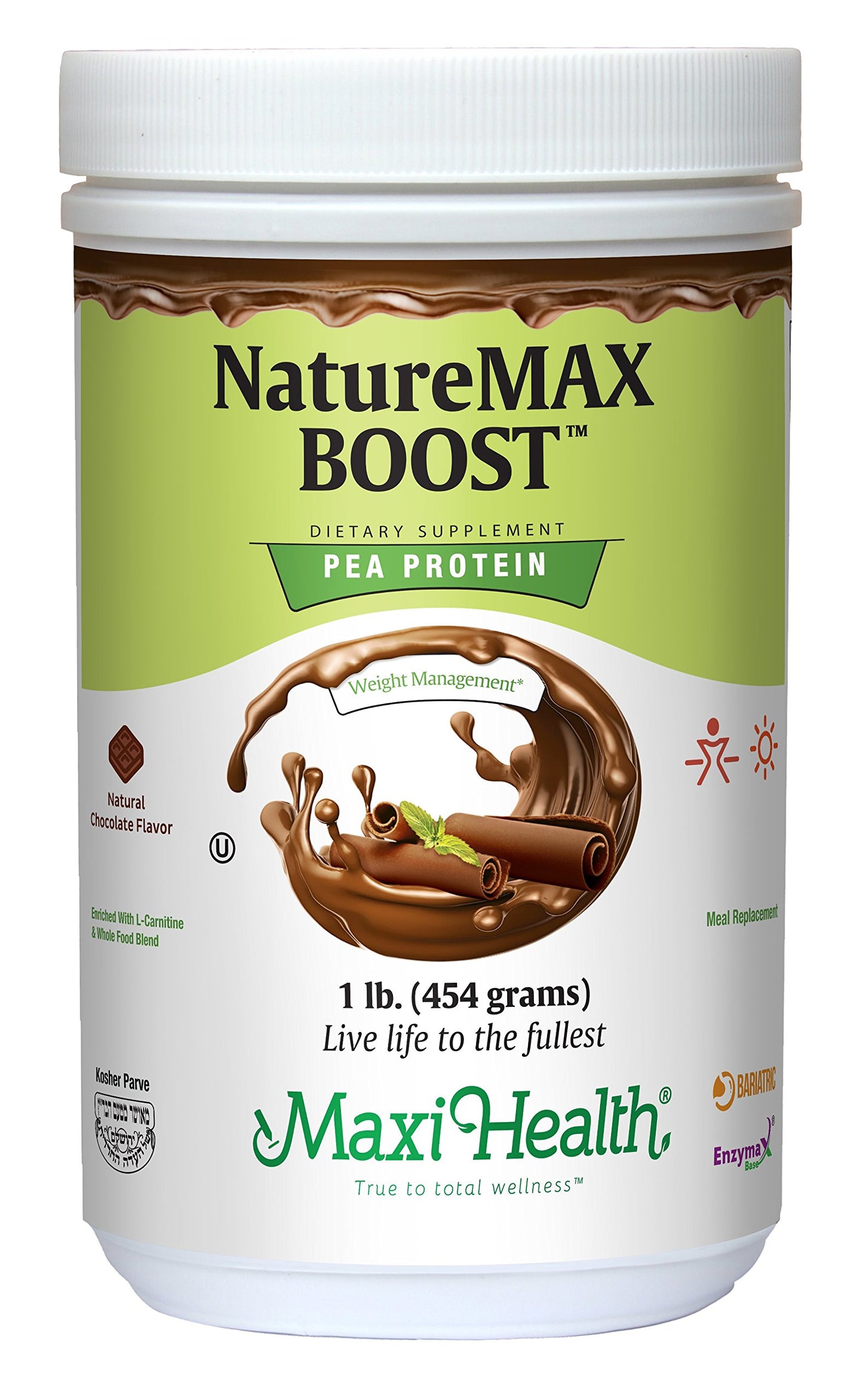 NatureMax BoostTM Pea Protein Powder - Energy Supplement Meal Replacement - 20g Protein Per Serving - Natural Chocolate Flavor - Kosher Vitamin - 1lb.