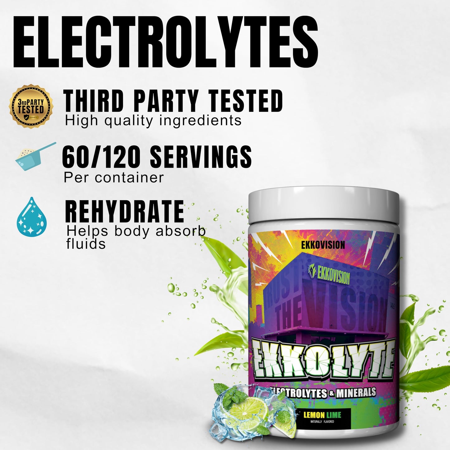 Ekkovision Ekkolyte Electrolytes & Minerals Powder, 50 MG Vitamin C & 155 MG Magnesium for Hydration Support, Essential Electrolytes for Women & Men, Lemon Lime Flavored Electrolyte Mix, 120 Servings