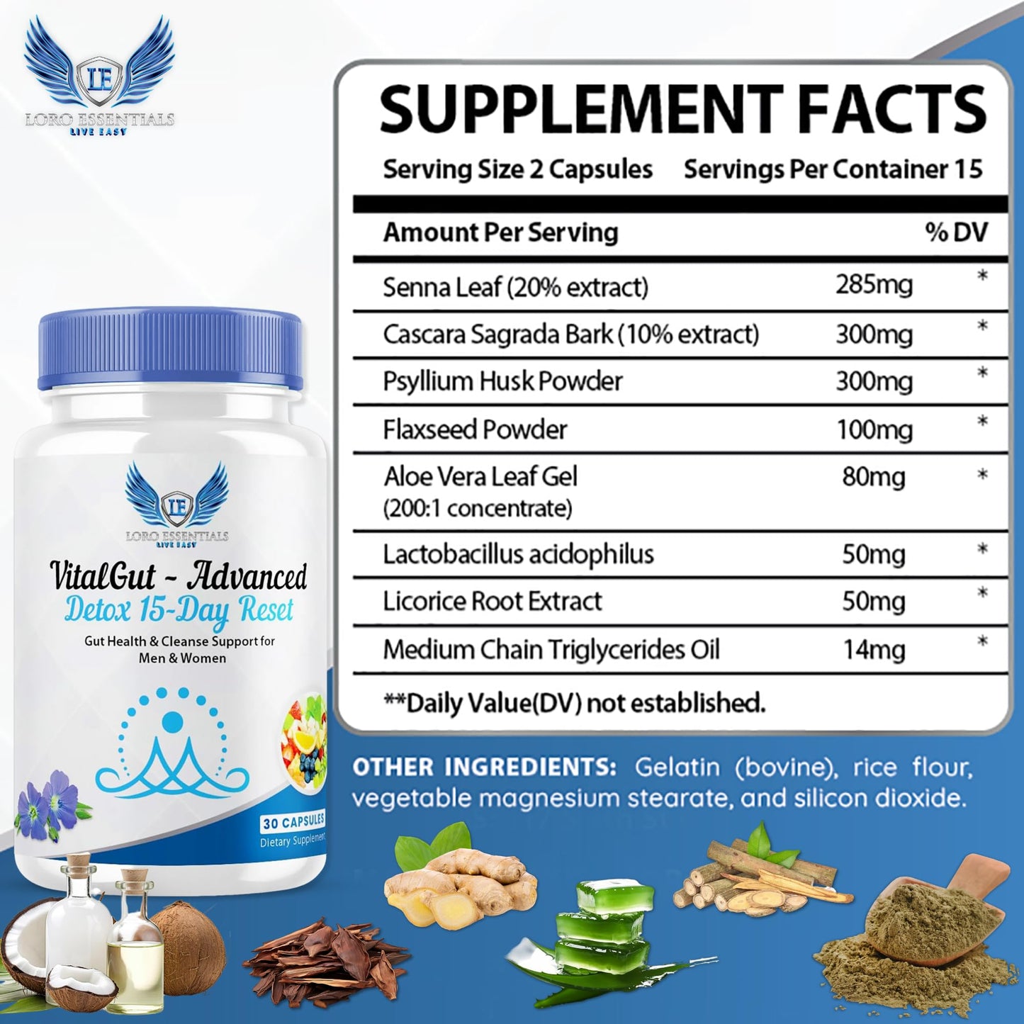 LORO ESSENTIALS VitalGut Advanced Gut and Colon Cleanse Detox for Women & Men,15-Day Reset Gut Health Support,Whit Senna, cascara Sagrada and Psyllium Husk-Non GMO 30 Capsules