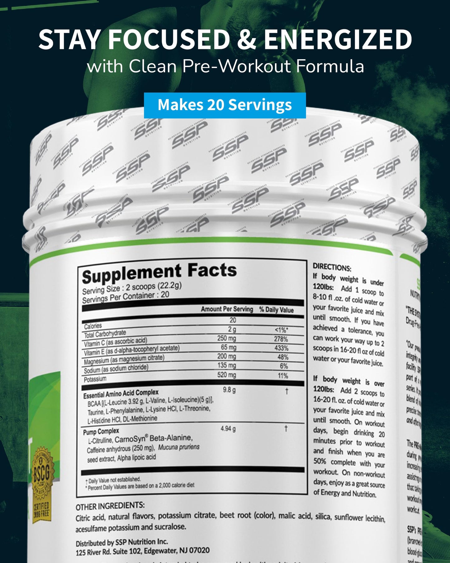 SSP Pre Workout Powder for Men & Women - High BCAA & Electrolytes Energy Drink for Performace & Focus - BSCG Standard Fitness & Endurance Supplement - Berry Flavored Pre-Workout Formula Nutrition