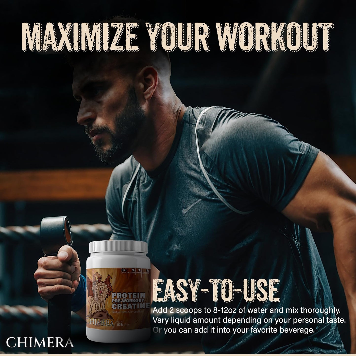 CHIMERA All-in-One Protein & Pre-Workout Powder - 36g Protein, 3g Creatine, Non-GMO, Sugar-Free, Low Sodium, Natural Caffeine from Matcha, No Artificial Flavors
