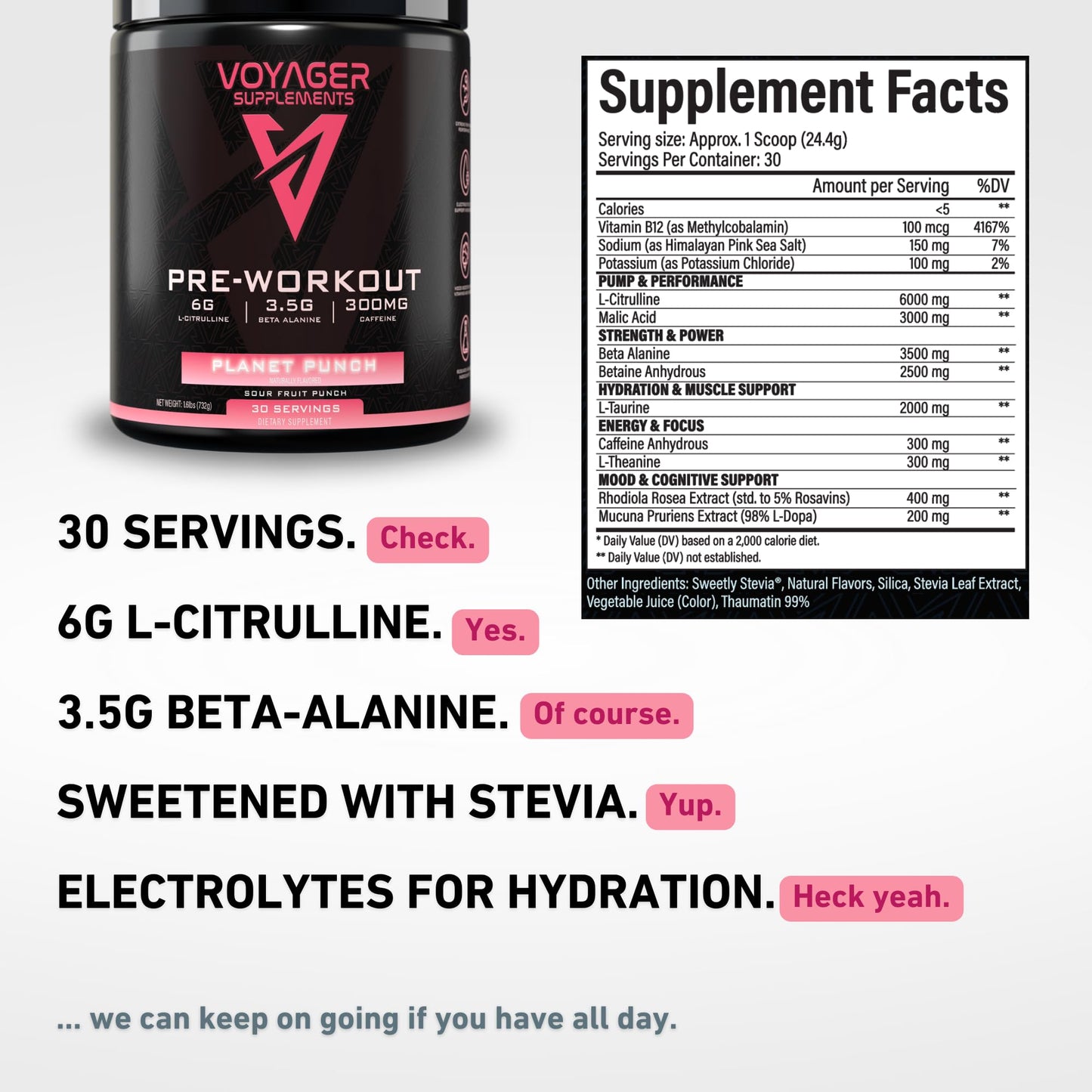 Voyager Supplements Pre-Workout | Planet Punch | Clinically Dosed for Intense Pumps, Peak Energy, and Laser Focus | All-Natural Formula with Citrulline + Beta Alanine + Caffeine | 30 Servings