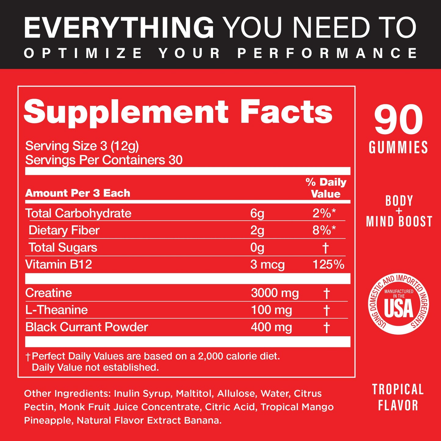 Boost Nutra ATPerform Sugar-Free Creatine Monohydrate Gummies with Black Currant Extract, Vitamin B12 & L-Theanine for Pre-Workout, Post-Workout Recovery, Focus, Strength & Energy | Tropical, 90ct