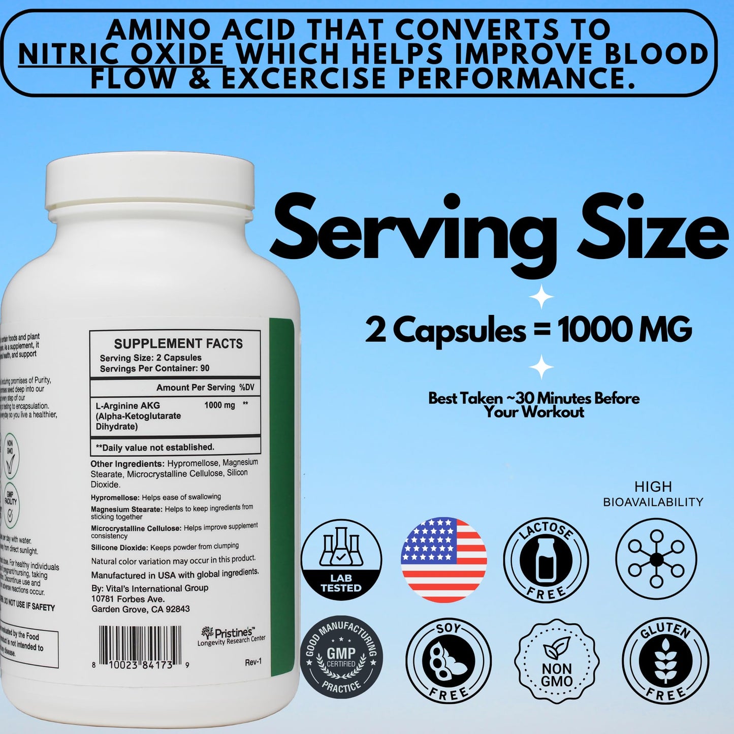 PRISTINE'S L Arginine Supplements for Men & Women - 1000mg Capsules 90 Day Supply Blood Flow & Pre Workout Amino Acid Support