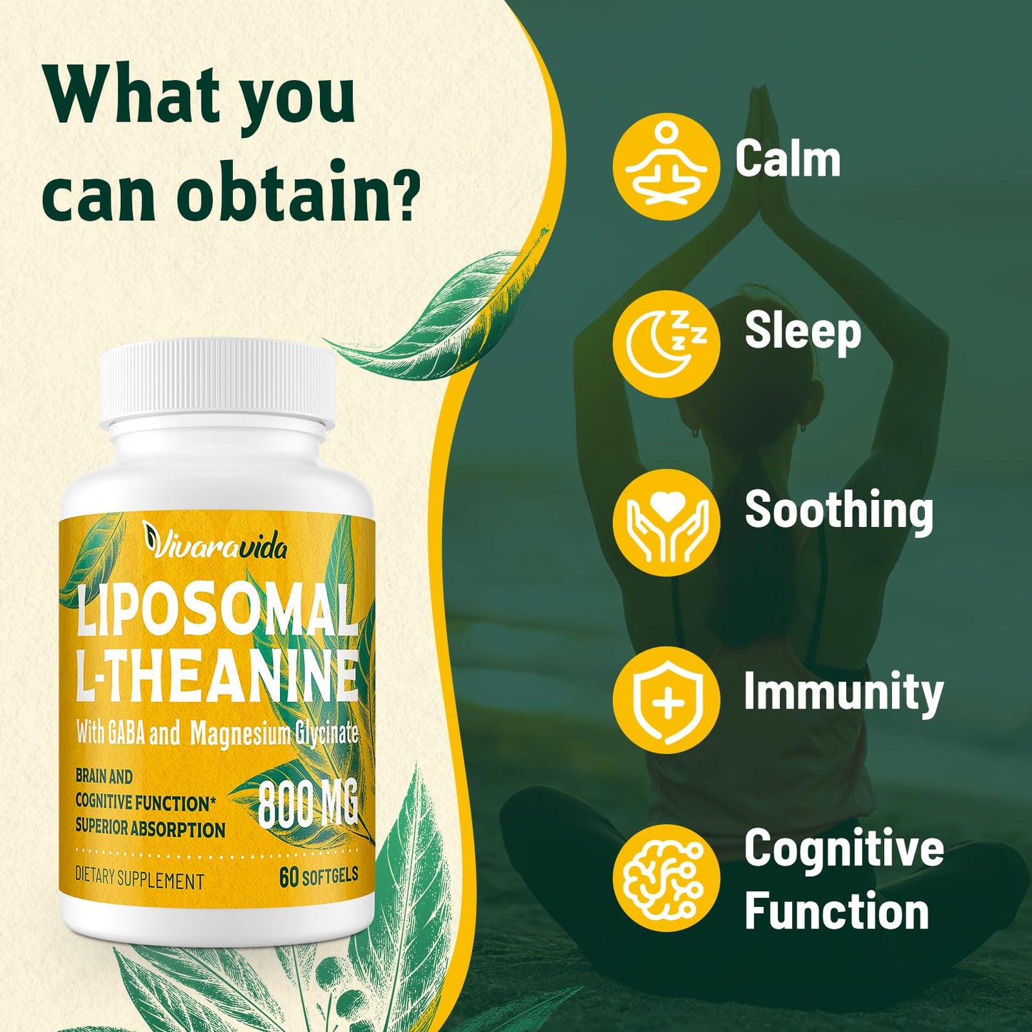 Vivaravida L-Theanine 800mg Supplement with GABA and Magnesium Glycinate - Natural Compound, Sleep and Relaxation (120 Softgels)