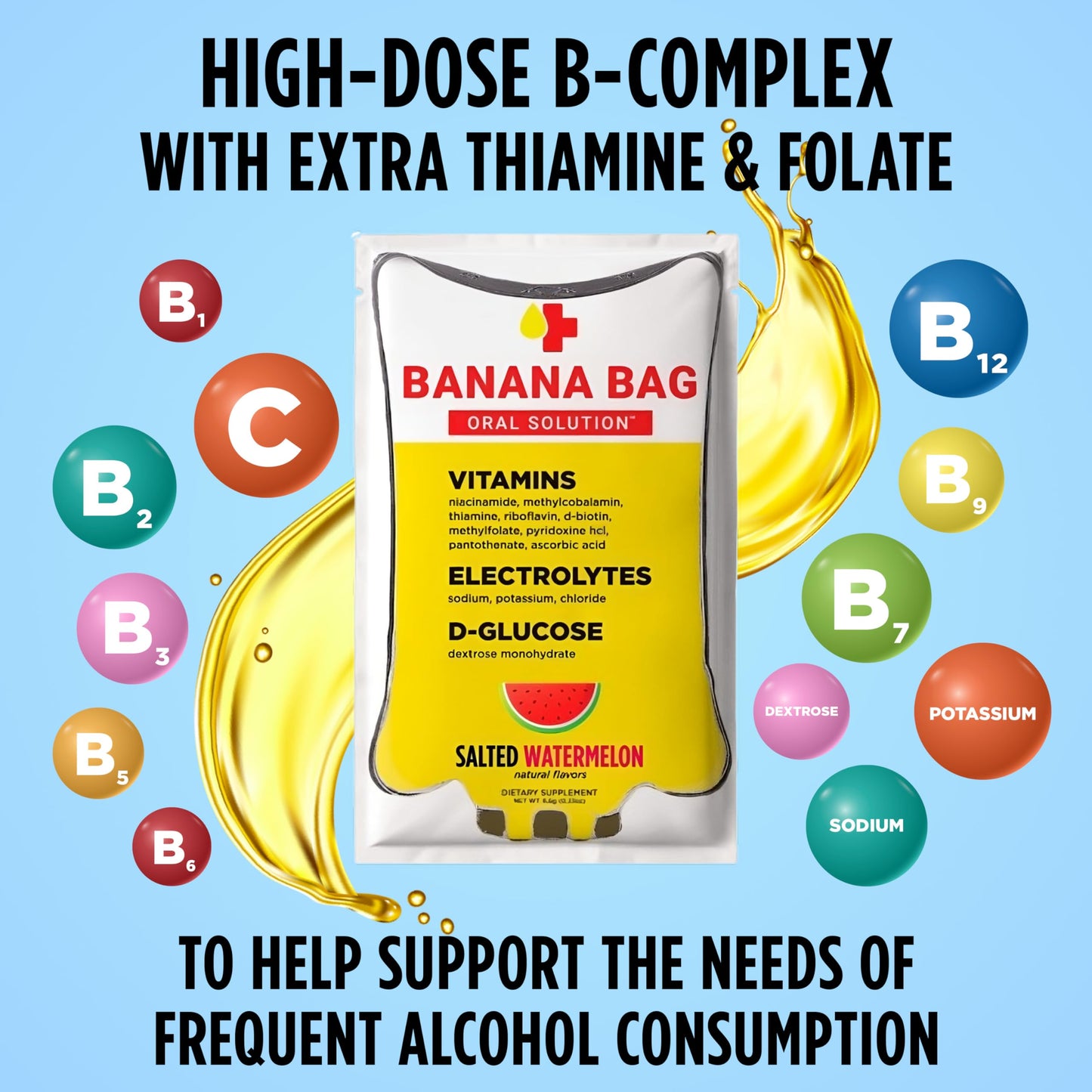 Banana Bag Oral Solution Packets - Salted Watermelon 5pk | A Refreshing Blend of Electrolytes, Vitamin C, and B-Complex for Hydration and Energy. Convenient, Easy-to-Mix, and Perfect for Daily Use.