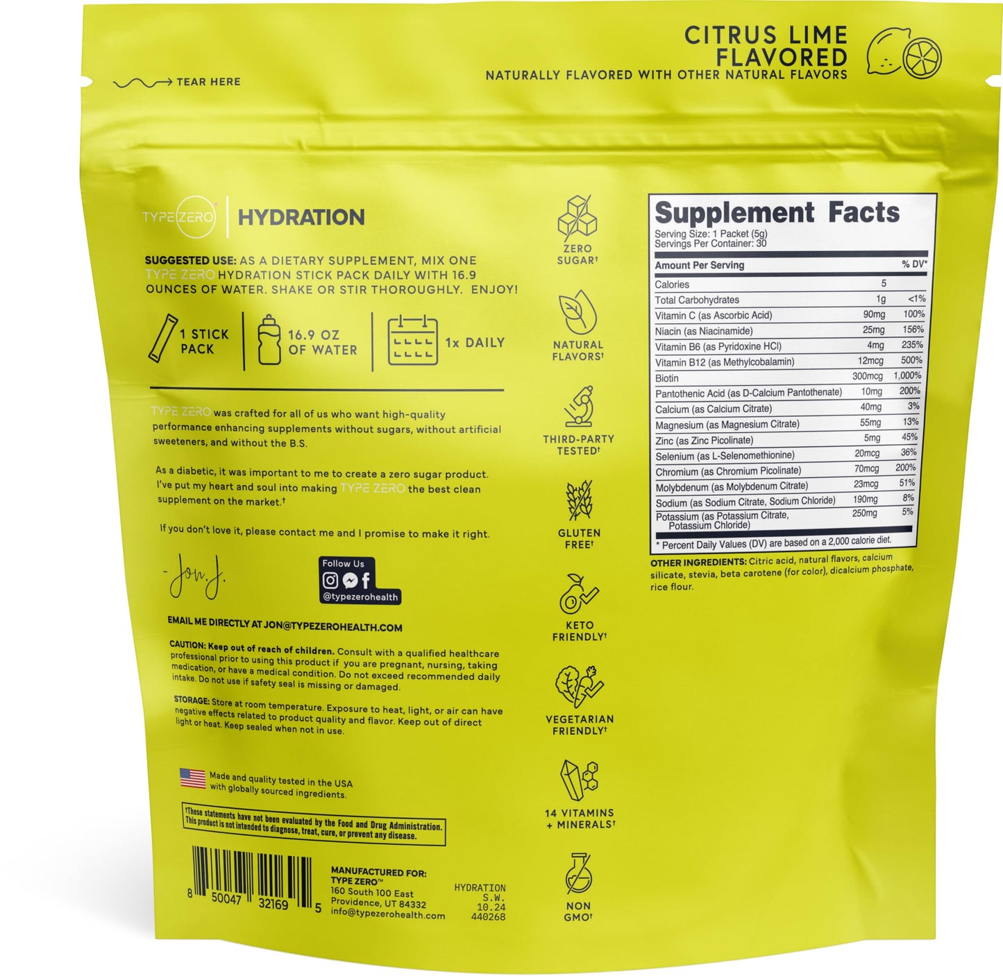 Type Zero Clean Hydration + Electrolytes Drink Mix (30 Single-Serving Packets) (Citrus Lime Flavored) - Advanced Hydration for Any Occasion