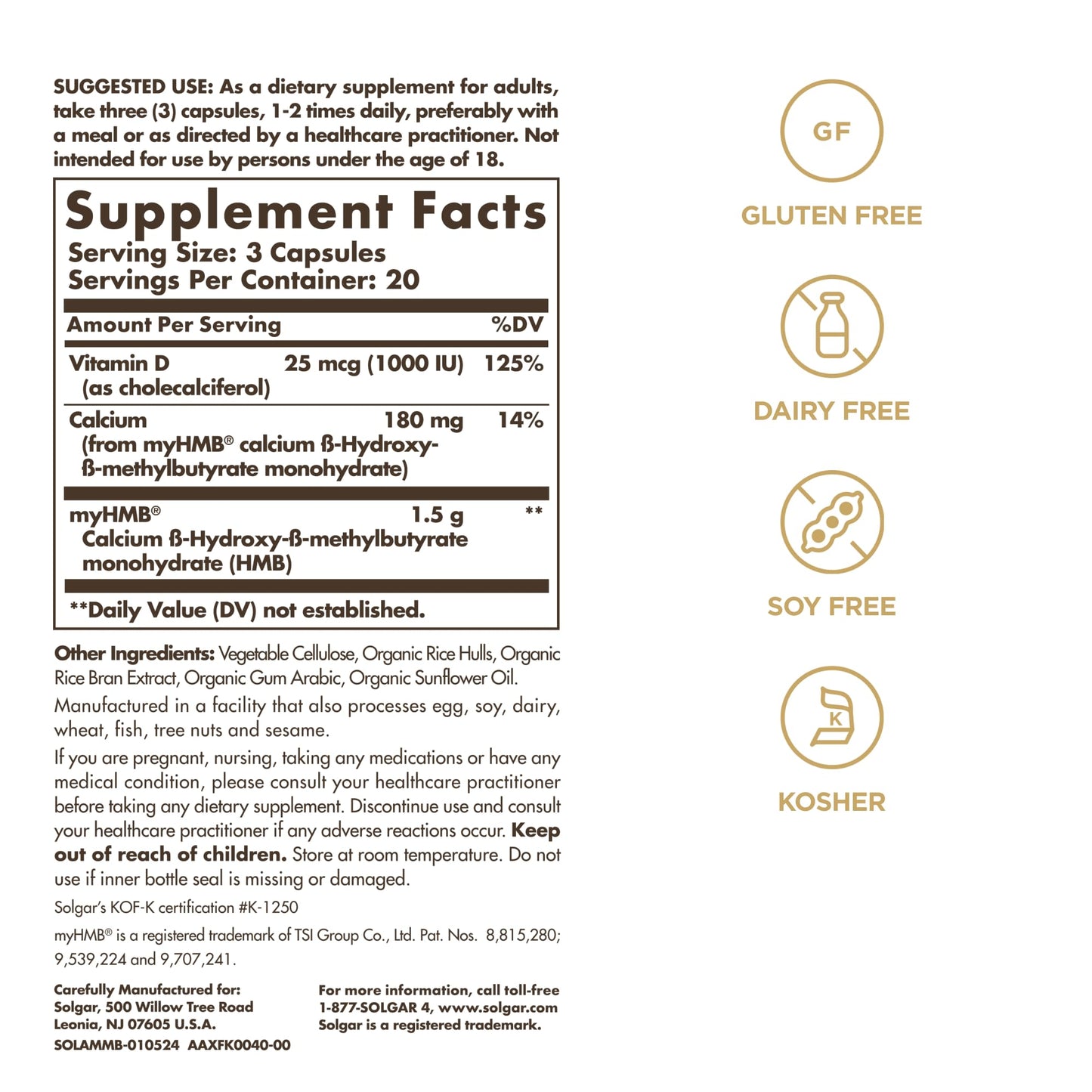 Solgar Muscle Maintenance Age-Defying Nutrition for Men & Women-Support Muscle Mass with HMB (β-Hydroxy βmethylbutyrate) and 125% Daily Value of Vitamin D, Soy and Gluten Free, 20 Servings