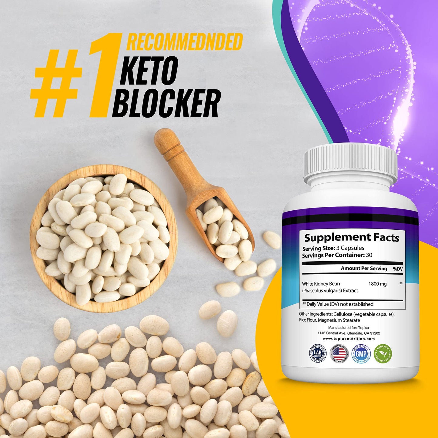 Toplux Keto Blocker Pills White Kidney Bean Extract - 1800 mg Natural Ketosis, Support Keto Diet, for Men Women, 90 Capsules, Supplement