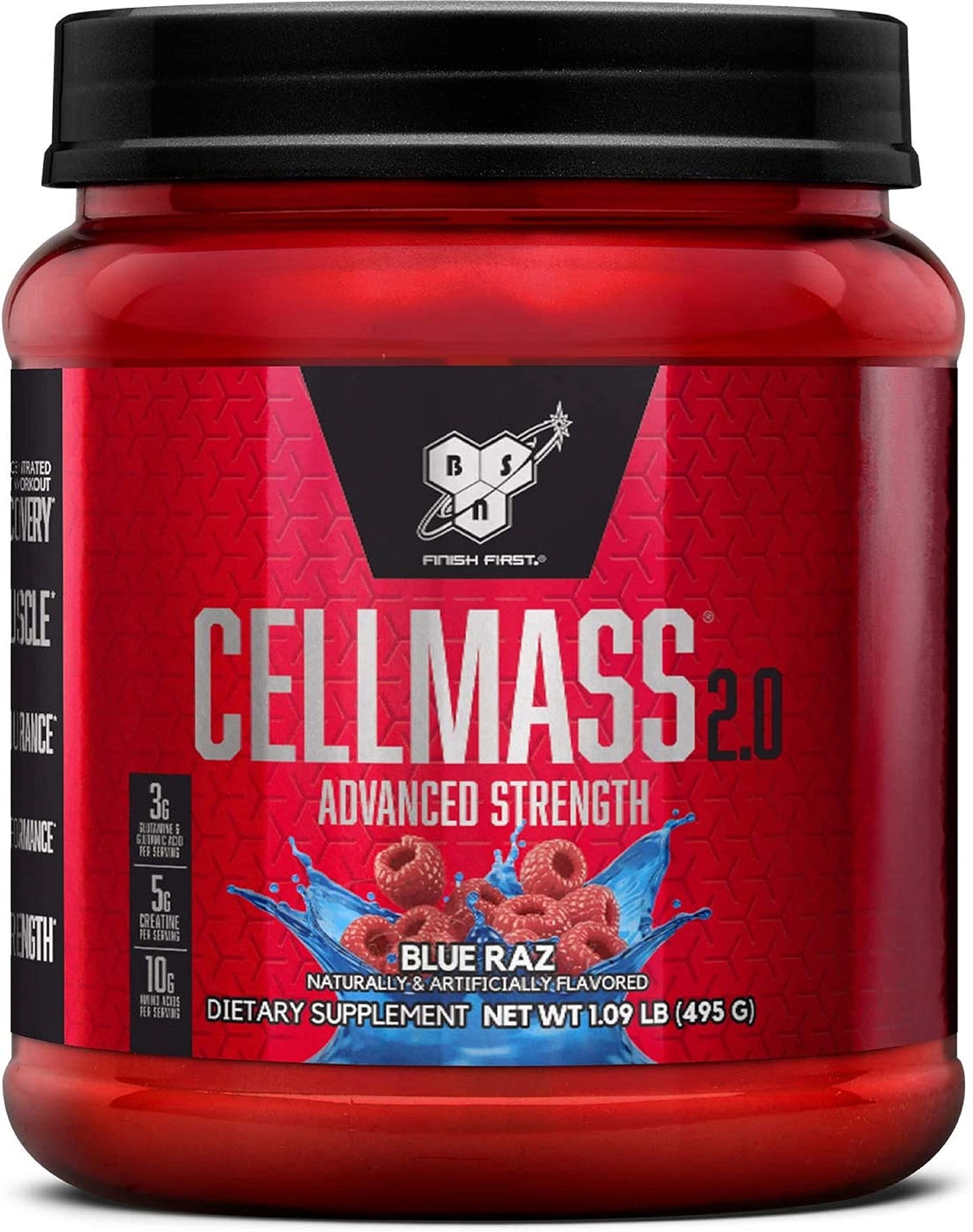 BSN CELLMASS 2.0 Post Workout Recovery with BCAA, Creatine, & Glutamine - Keto Friendly - Blue Raz, (25 Servings)