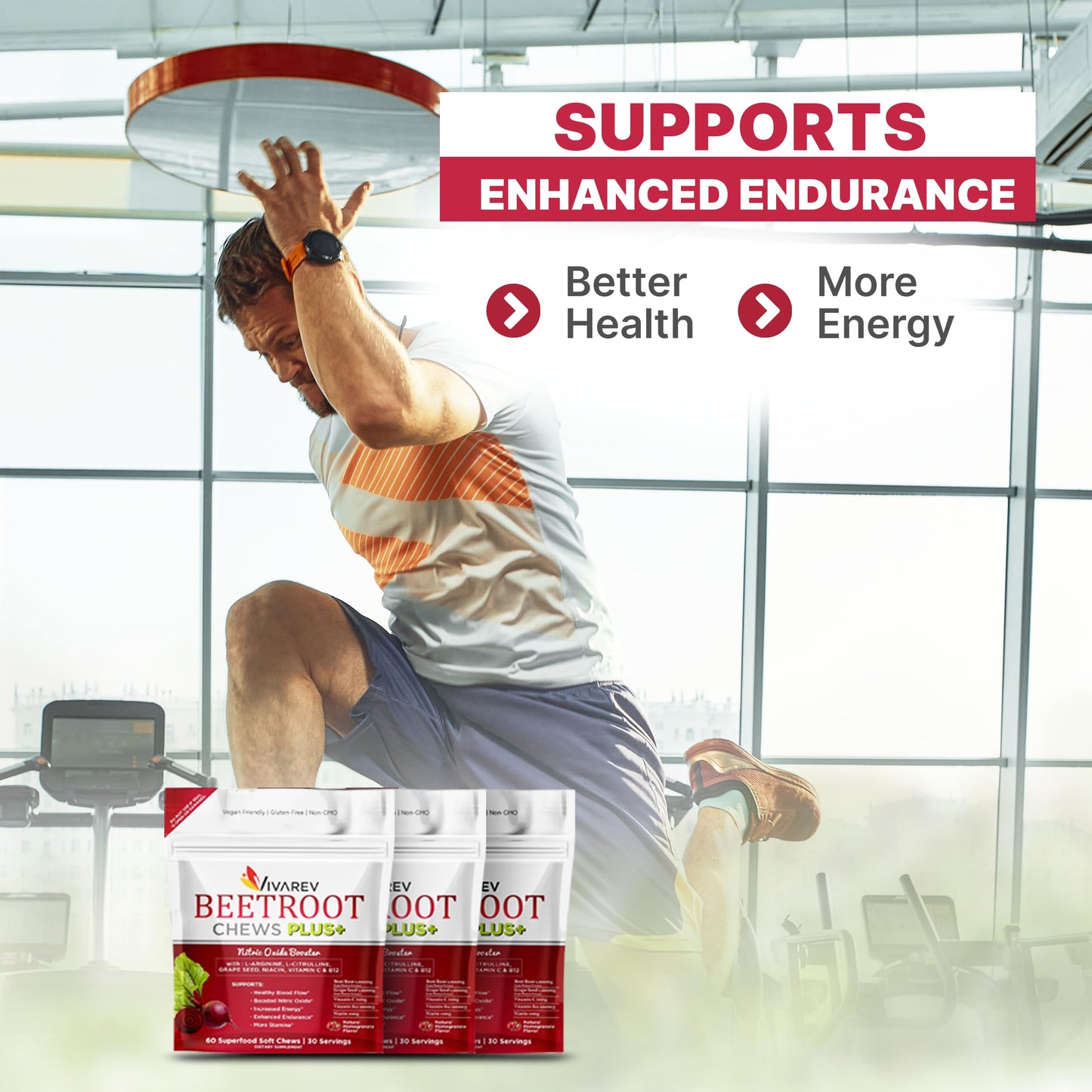 VIVAREV Beetroot Nitric Oxide Supplement - 1000mg Beet Powder with L Arginine, L Citrulline, Grape Seed Extract, Niacin, Vitamin C & B12 - Beet Chews - Pack of 60