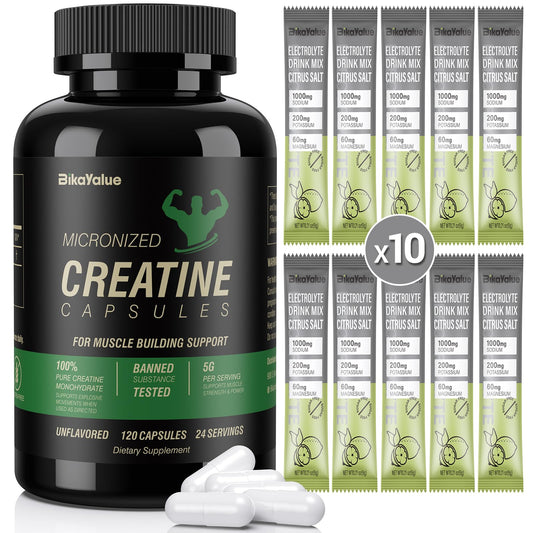 BIKAYALUE Creatine Capsules & Electrolytes Powder, Creatine Capsules, 10 Pack Electrolyte Combination, Supplement for Muscle, Energy, Recovery, Gluten-Free Creatine for Women, Men-Black 31