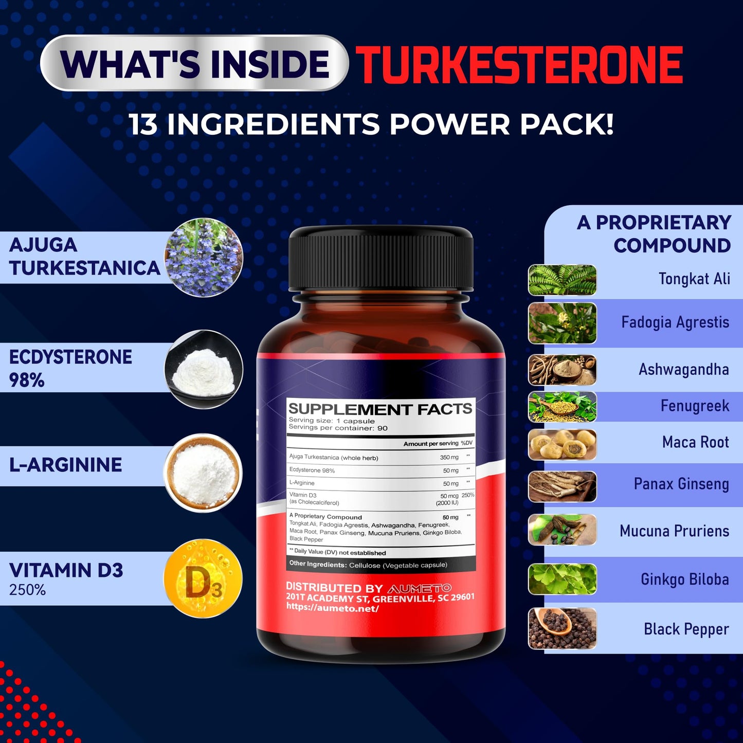 AUMETO Turkesterone Supplement - Enhanced with L-Arginine, Tongkat Ali, Ginseng, Maca Root, Vitamin D3 - Energy, Endurace & Male Vitality Support (90 Count (Pack of 1))