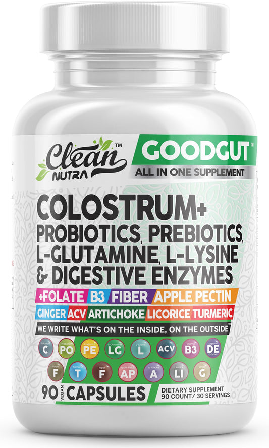 Clean Nutraceuticals Colostrum Supplement Capsules Probiotics Pills Prebiotics, L-Glutamine, Digestive Enzymes, Folate, Fiber, ACV, Turmeric, Apple Pectin and Turmeric Good Gut