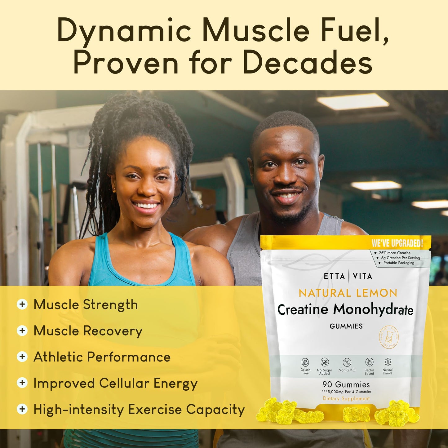 Sugar-Free Creatine Monohydrate Gummies 5gram per Serving, Potent Creatine Gummies for Men & Women, Supplement for Muscle Support, Cellular Energy & Cognitive Function, Gluten-Free