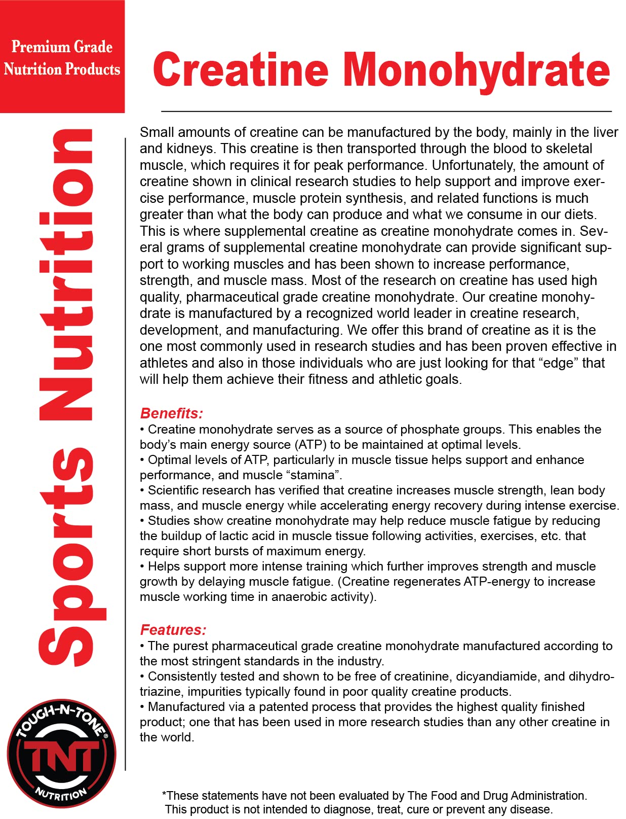 TOUGH-N-TONE 100% Pure Creatine Monohydrate Powder, The purest Pharmaceutical Grade creatine monohydrate