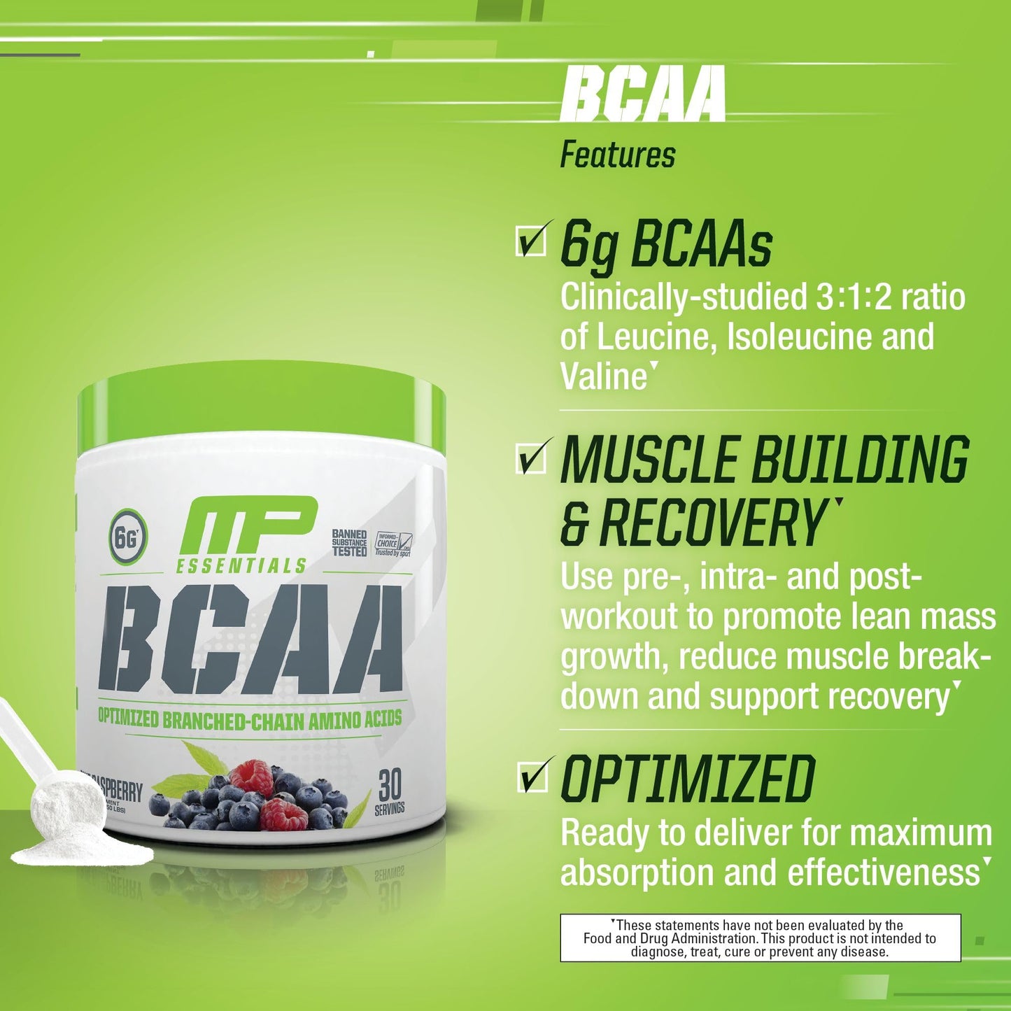 MusclePharm Essentials BCAA Powder, Pre & Post Workout Recovery Drink, Supports Muscle Recovery & Energy Production, Essential Amino Acids Supplement, 30 Servings, Blue Raspberry Flavor