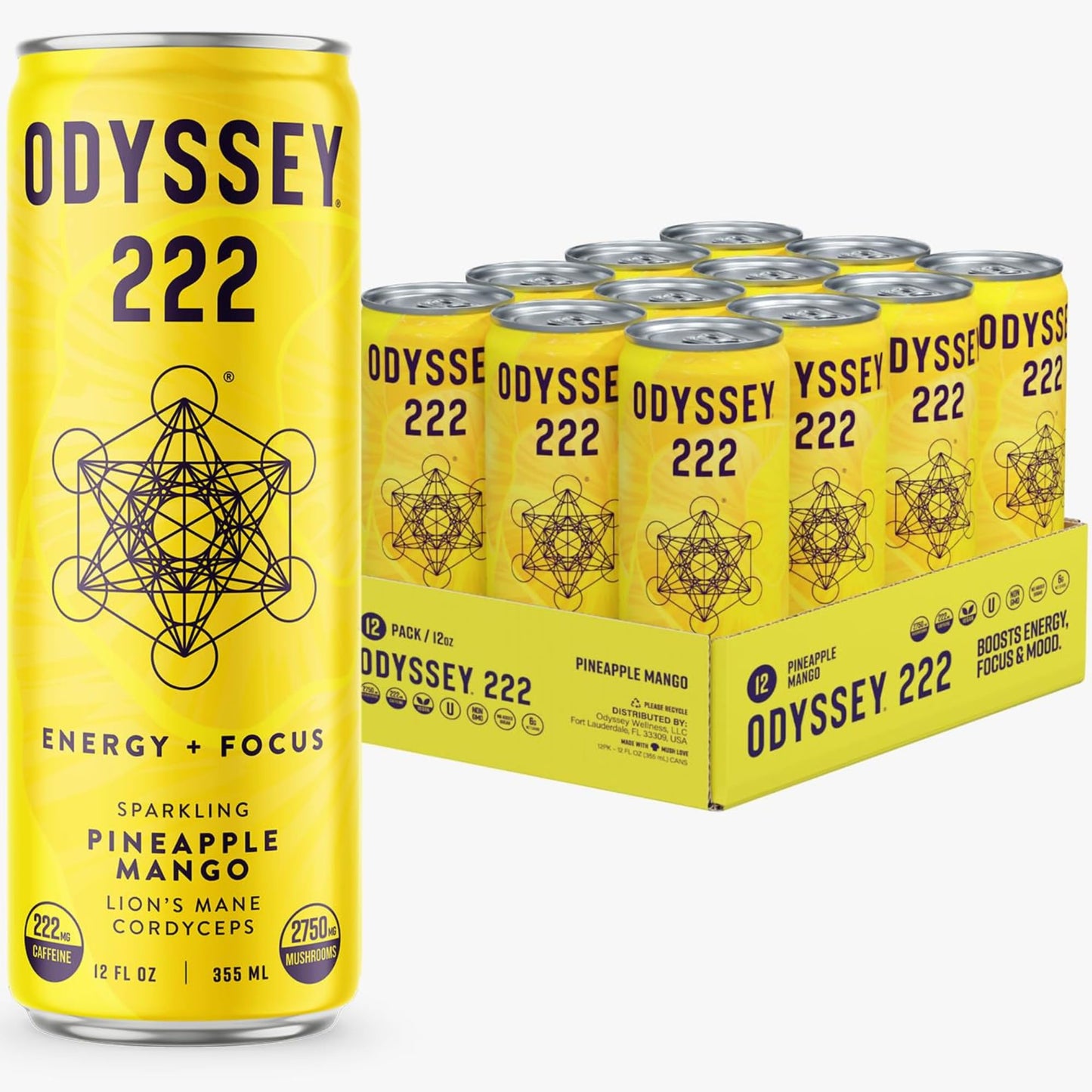 Odyssey Elixir  Odyssey 222  Sparkling Energy Drink  222 mg of Caffeine  Lions Mane  Cordyceps  Energy  Focus  Endurance  Stamina  Nootropic  Pre Workout  Pineapple Mango