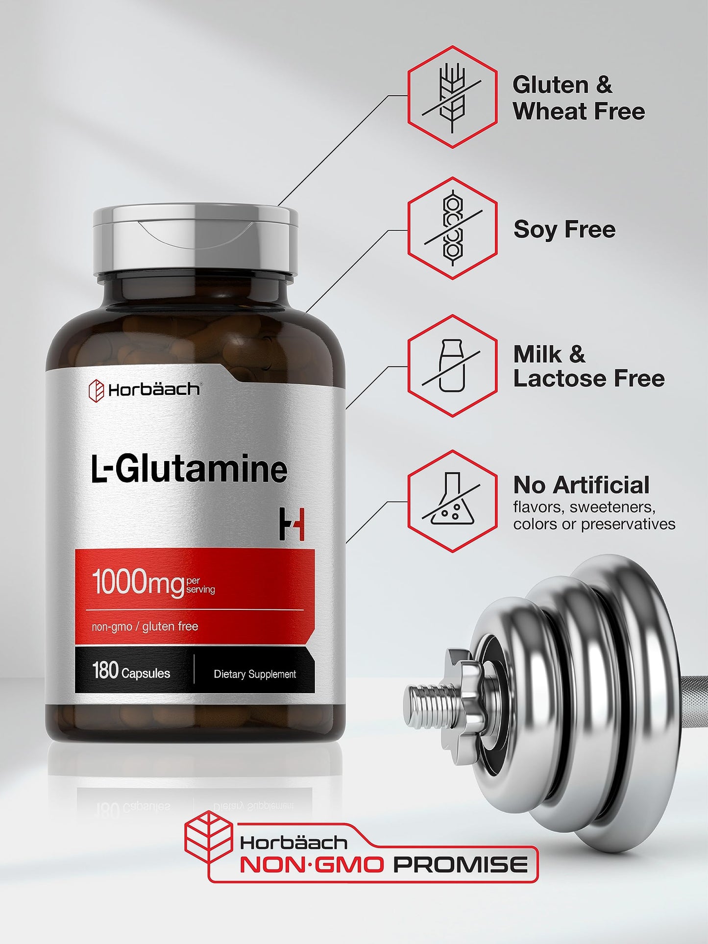 Horbaach L Glutamine Capsules 1000mg | 180 Powder Pills | Supplement for Women and Men | Pre Workout & Post Workout | Non-GMO & Gluten Free