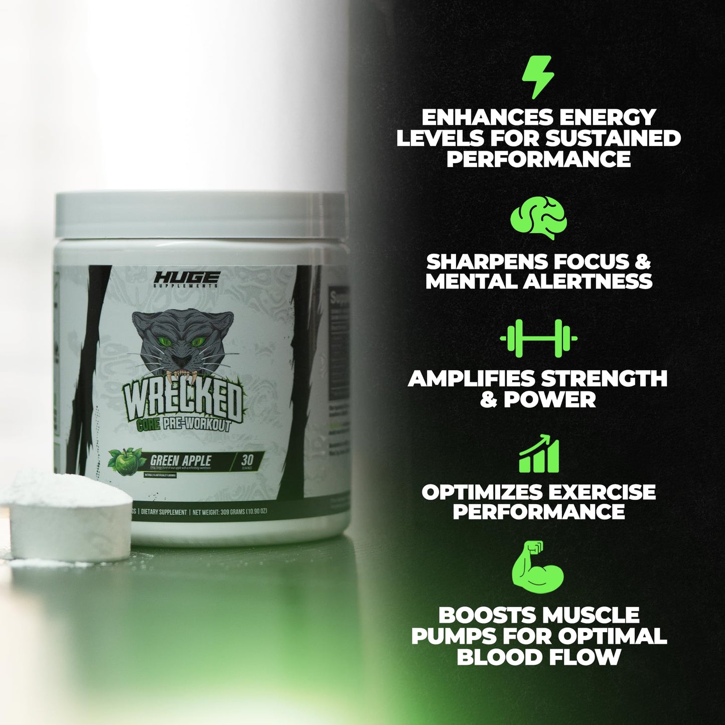 Wrecked Core - All-in-One Pre-Workout Supplement for Men & Women, Increase Energy, Focus & Pumps with L-Citrulline, Beta-Alanine, L-Tyrosine & More (30 Servings) - Green Apple