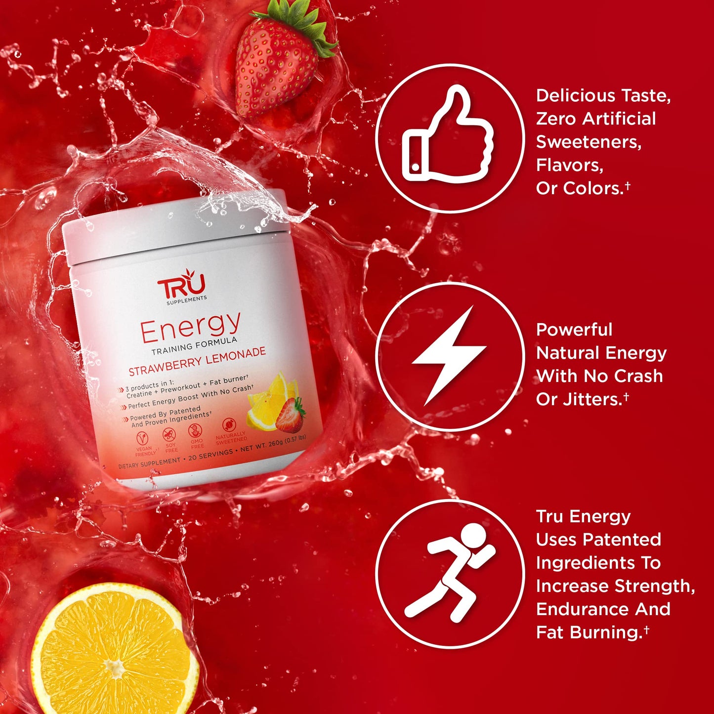 TRU Supplements Energy, Pre Workout Training Formula, Vegan Friendly, No Jitters, Improve Workout Performance, Naturally Extracted Flavors, 20 Servings (Strawberry Lemonade)