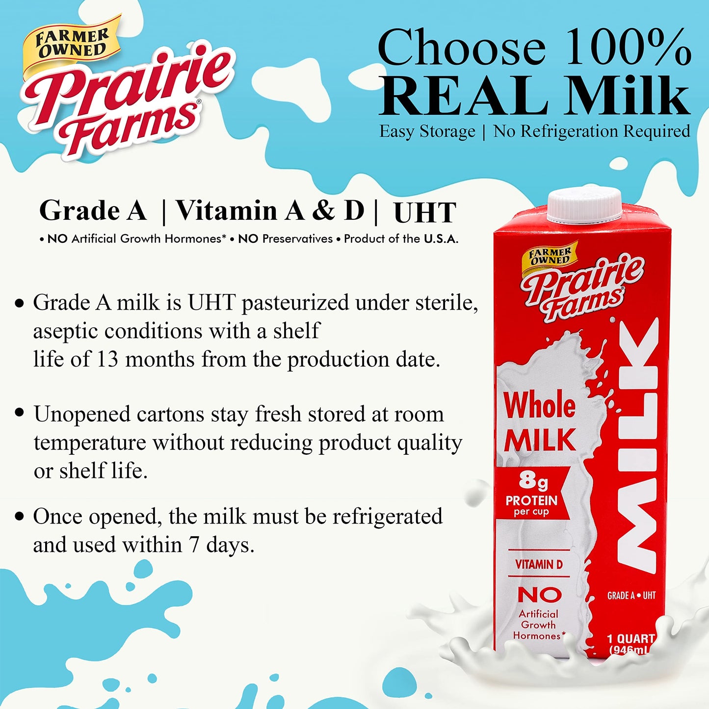 Prairie Farms  Whole Milk  Shelf Stable Boxed UHT Ultra Pasteurized Milk Vitamin D White Milk  Preservative and Hormone Free Gluten Free Kosher Made in USA  1 Quart 4 Pack