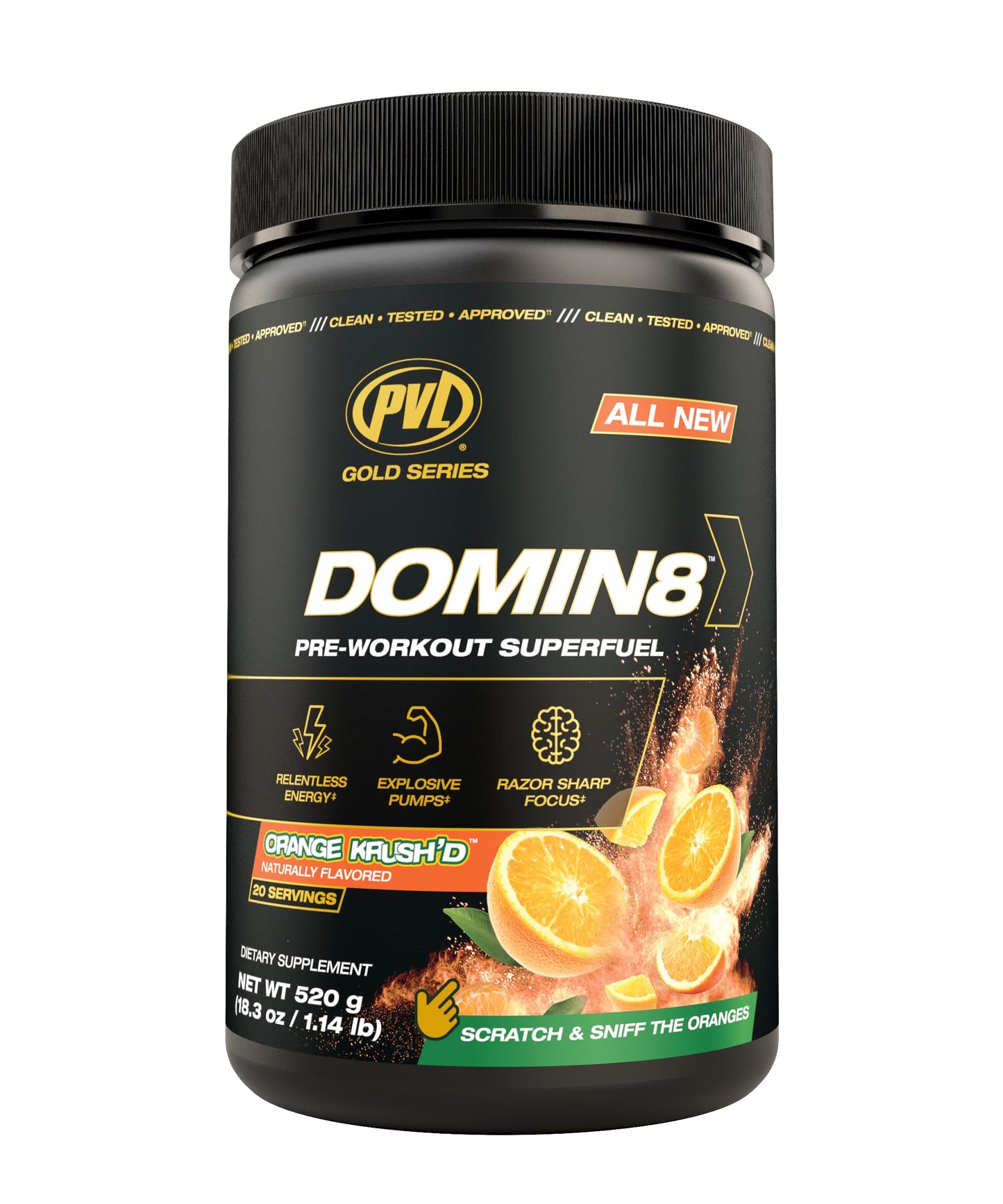 PVL Gold Series Domin8 | Pre-Workout Superfuel - Full dose Preworkout - 520 g - (Orange Krush'd)