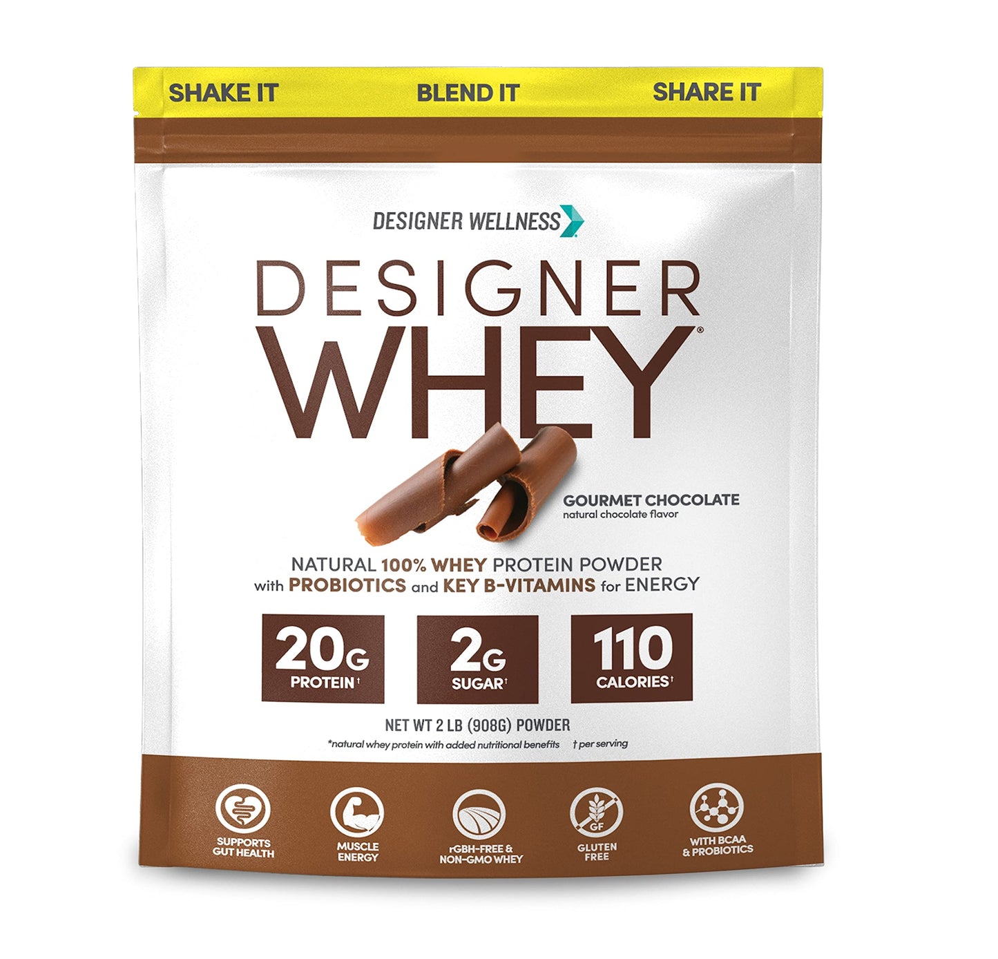 Designer Wellness, Designer Whey, Natural Whey Protein Powder with Probiotics, Fiber, and Key B-Vitamins for Energy, Gluten-Free, Gourmet Chocolate, 2 lb