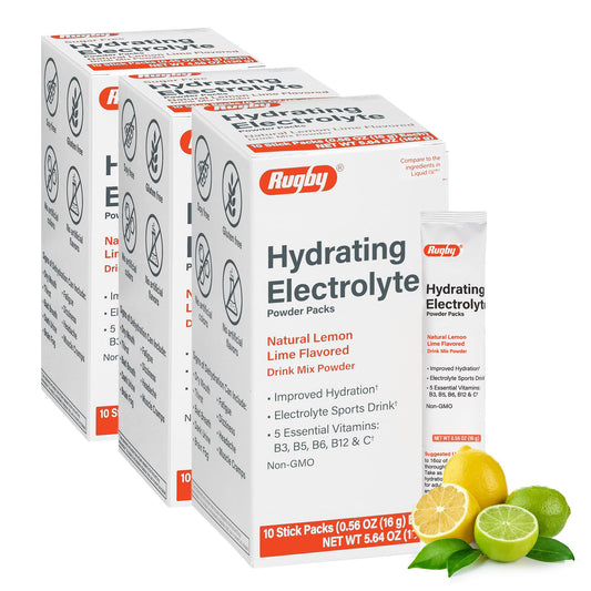 Rugby Hydrating Electrolyte Powder Packs - Drink Mix Powder Packets with 5 Vitamins - Improved Hydration - Natural Lemon-Lime Flavor - 10 Stick Packs - 0.56 Oz Each (3 Pack)