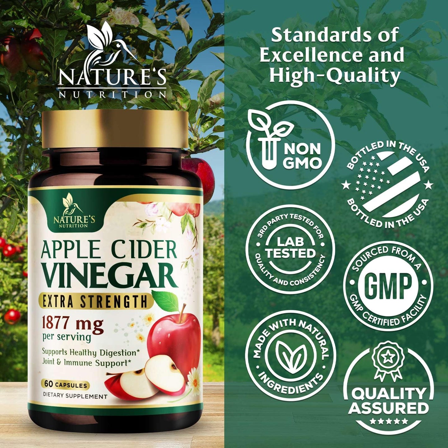 Apple Cider Vinegar Capsules for Detox & Cleanse with Vitamin D & Zinc - 1877mg per Serving - Premium ACV Pills with Joint Natural Digestion & Immune Support - Non-GMO Supplement - 60 Capsules