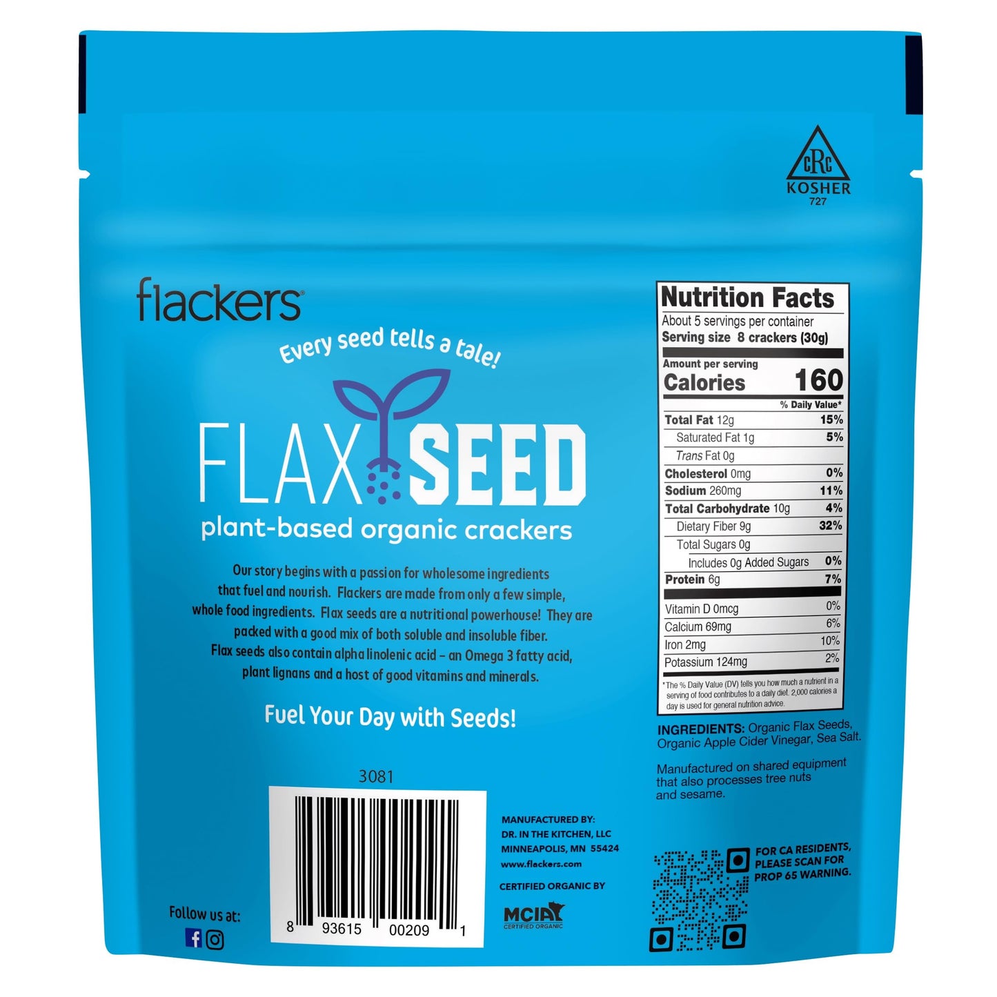 Flackers Organic Sea Salt Flaxseed Crackers Gluten Free Non GMO Vegan Keto Snack 9g Fiber 1g Net Carb 5 Ounce 4Pack