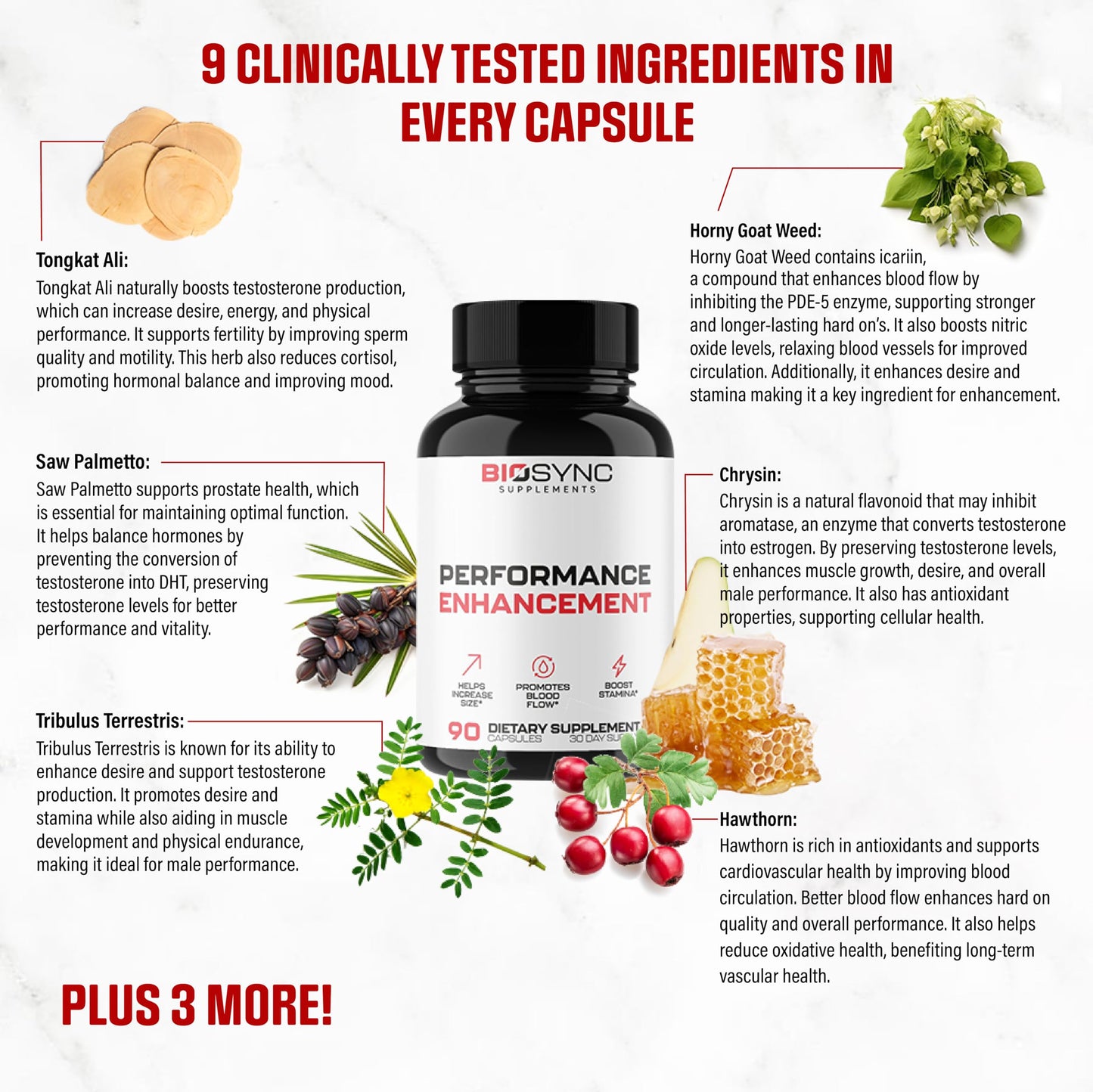 BioSync | Fast Acting Blood Flow Pills for Men | Maximum Dosage Enlargement Pills to Gain Size, Girth, Male Performance, Energy & Stamina | 9 Ultra Dosed Ingredients | 3rd Party Tested - 90 Capsules