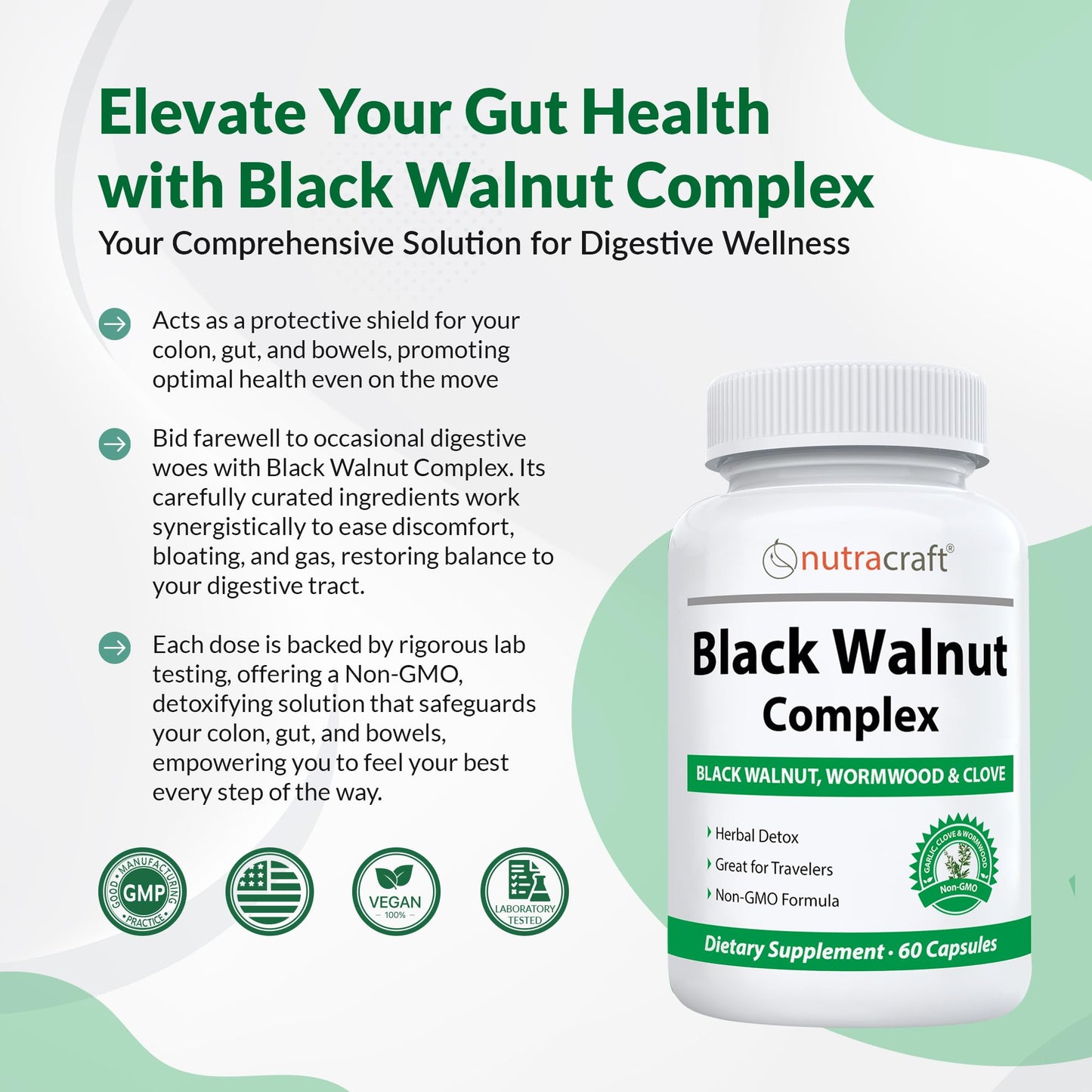 Nutracraft Black Walnut Detox Cleanse Supplement | Black Walnut, Wormwood, Clove, PAU D'Arco, Pumpkin Seed, Garlic, Zinc | Intestinal Guard for Humans | 60 Capsules