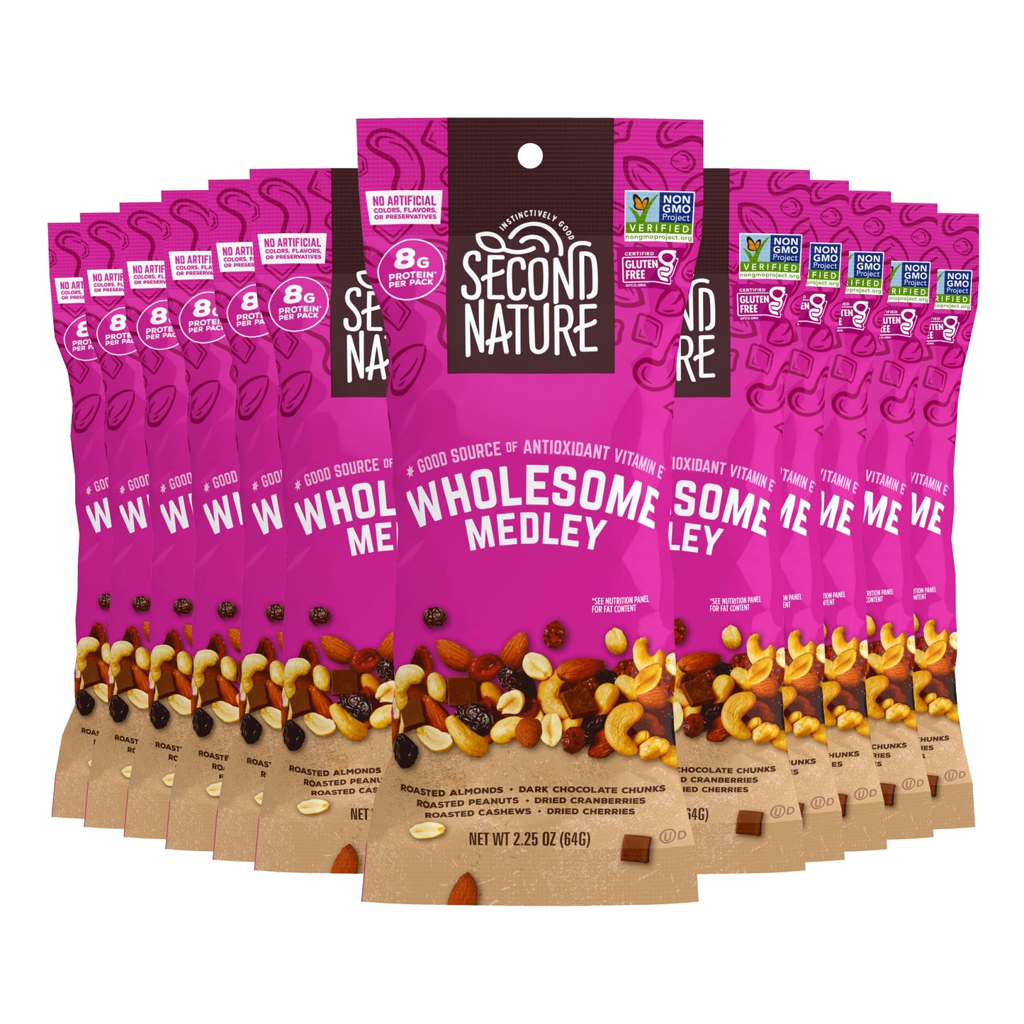 Second Nature Wholesome Medley Trail Mix  12 Count 225 oz Individual Snack Packs Certified GlutenFree  Dark Chocolate Dried Fruit and Nut Trail Mix Ideal for Travel Snacks
