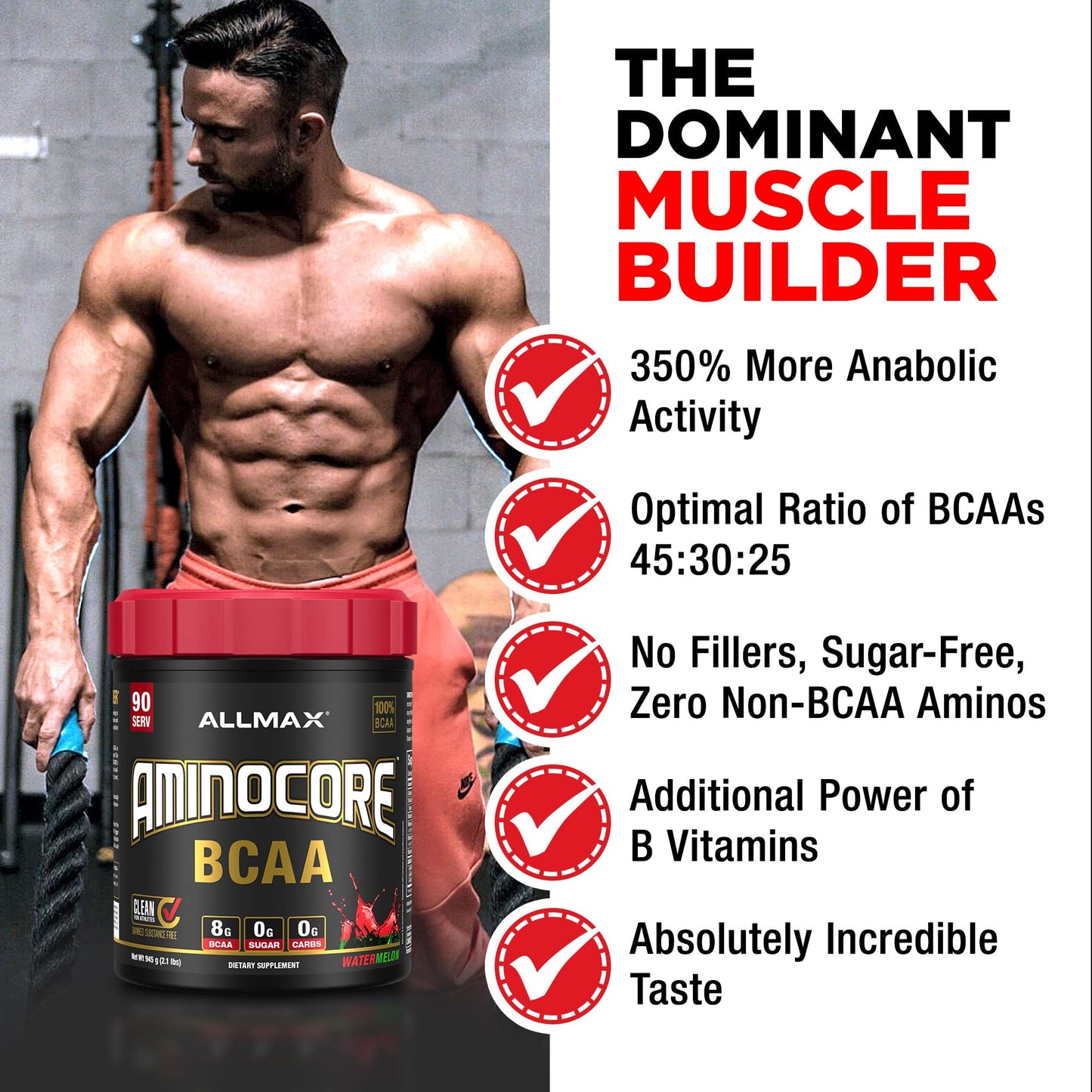ALLMAX Nutrition AMINOCORE BCAA - 8G BCAAs - 100% Pure Branch Chained Amino Acids - Gluten Free - Pink Lemonade - 315 Gram
