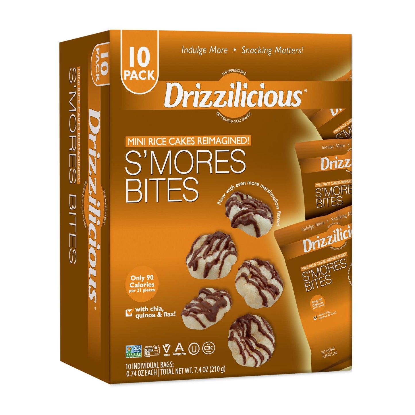 Drizzilicious Smores 10 Pack  Mini Snack Chocolatey Rice Cakes  Vegan Air Popped Chia Quinoa Flax Smore Snacks