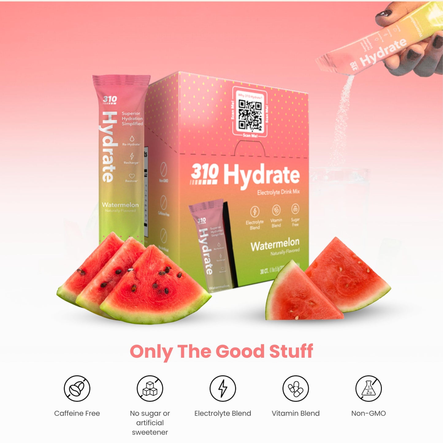 310 Hydrate Watermelon Electrolytes Powder Packets - No Sugar Hydration Packets with Key Vitamins & Minerals - Keto Friendly - Tasty Sugar Free Electrolyte Drink - 30 Single Servings