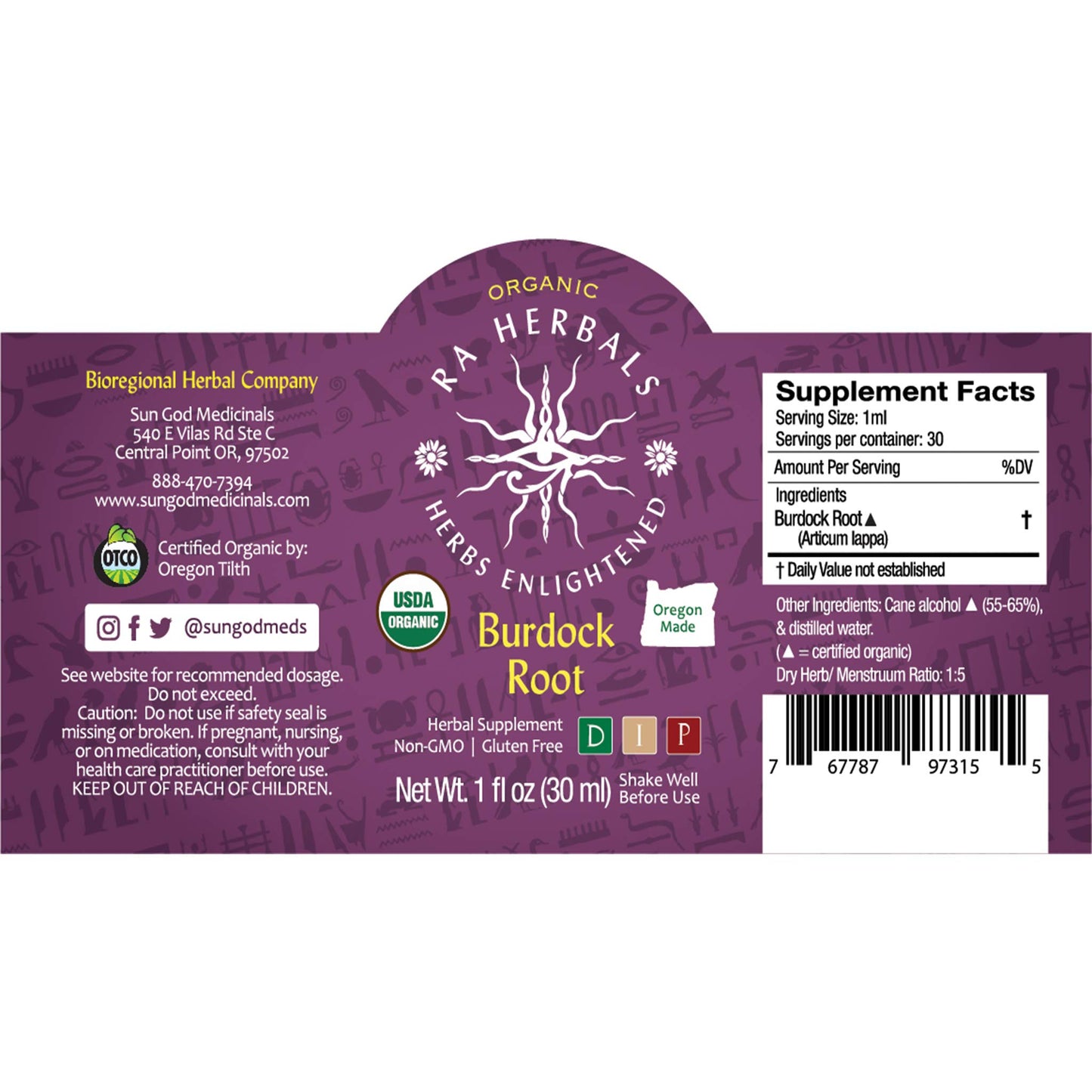 Sun God Medicinals Ra Herbals Organic Burdock Root Liquid Extract - Detox Support - 1 fl oz
