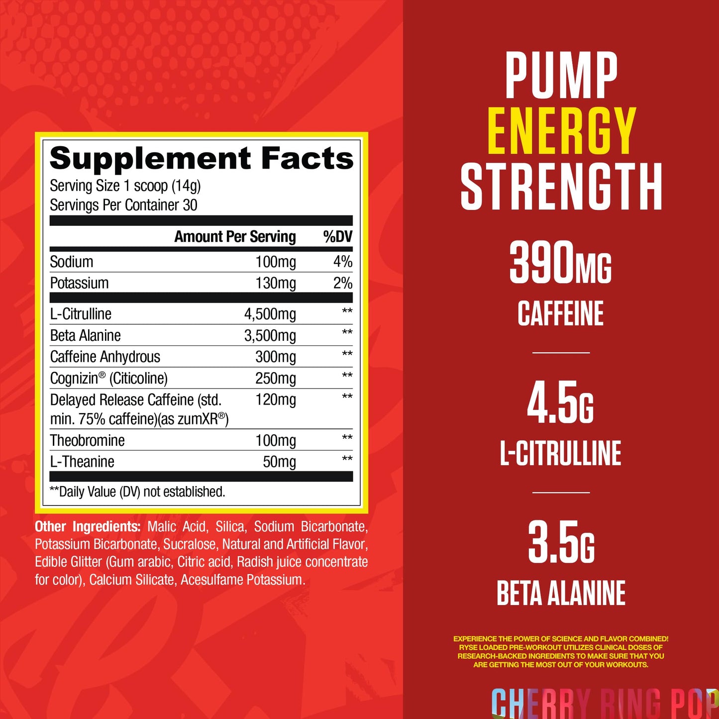 Ryse Loaded Pre Workout Powder Supplement for Men & Women | Pumps, Energy, Focus | Beta Alanine + Citrulline | 390mg Caffeine | 30 Servings (Ring Pop Cherry)