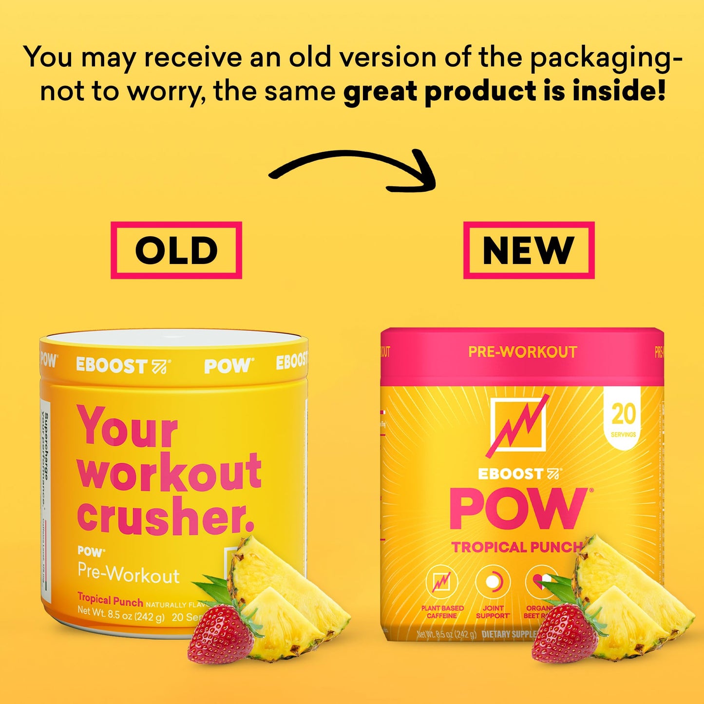 EBOOST POW Natural Pre Workout Powder - 20 Servings - Tropical Punch - A Pre Workout Supplement for Performance, Joint Mobility Support, Energy, Focus - Men & Women - Non-GMO, Gluten-Free, No Creatine