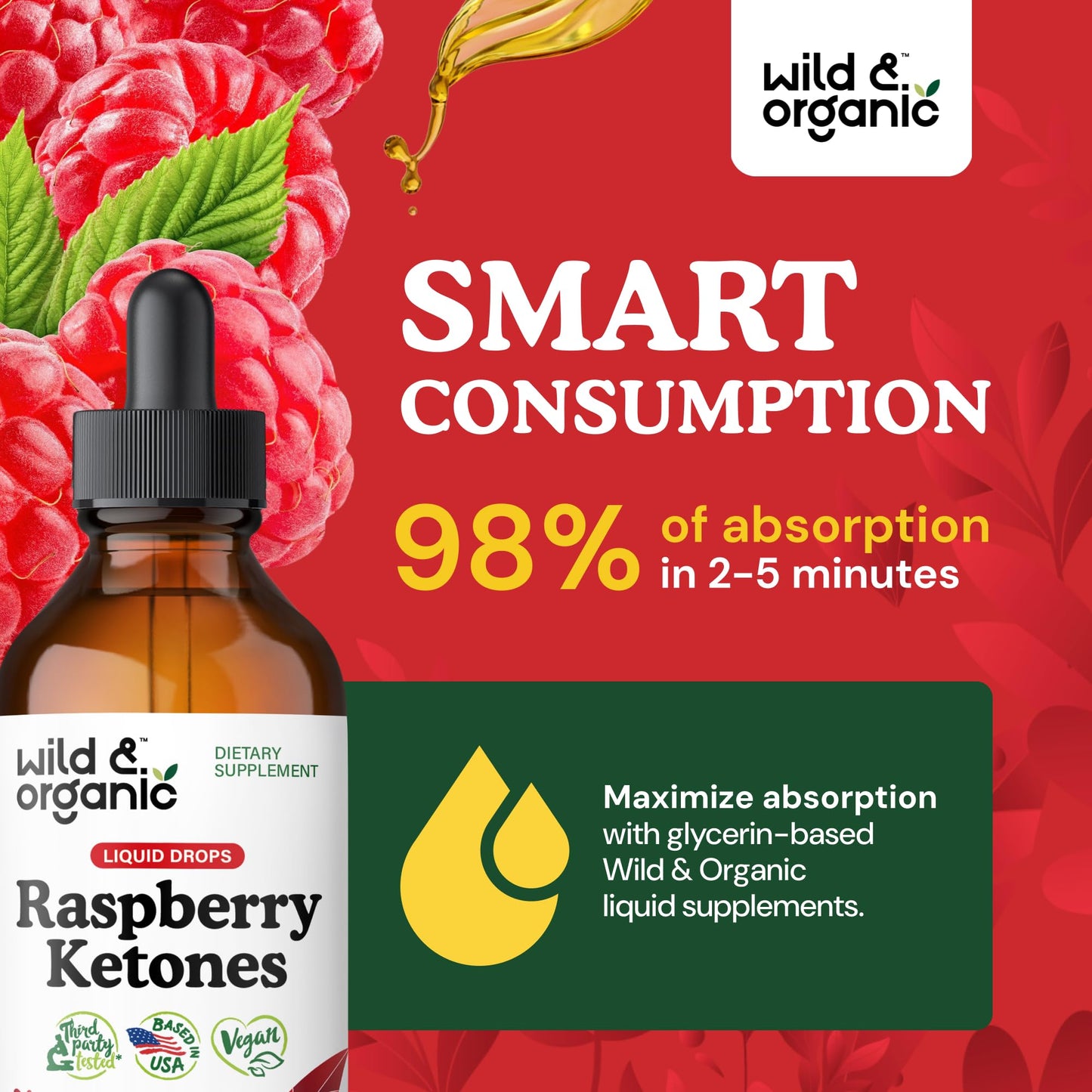 Wild & Organic Raspberry Ketones Liquid Drops - Vegan Raspberry Ketones Supplement for Overall Well-Being - 5-Month Supply - Non-GMO, No Alcohol & Sugar - 4 fl oz