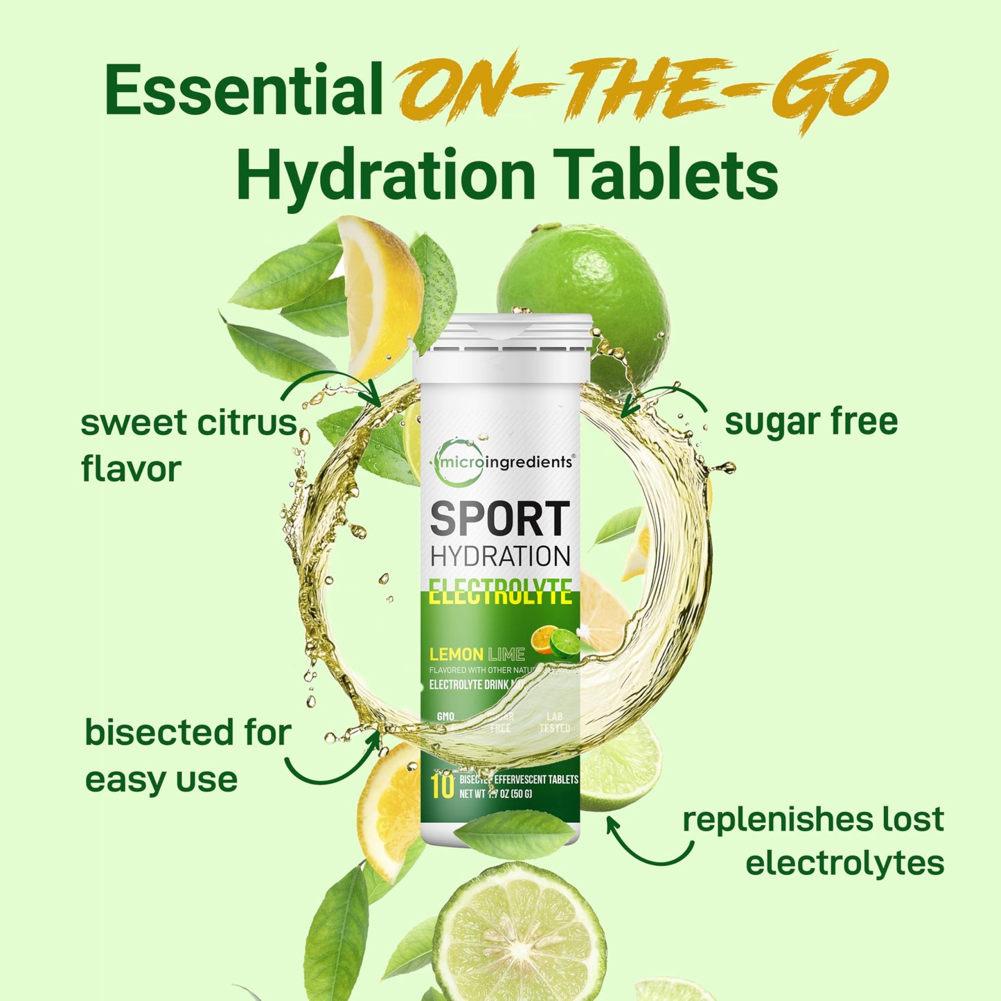 Sport Hydration Electrolyte, 40 Bisected Tablets | Natural Lemon Lime Flavor | Electrolytes Drink Mix with Sodium, Potassium, & Magnesium Minerals | Easy to Split & Dissolve, Sugar Free