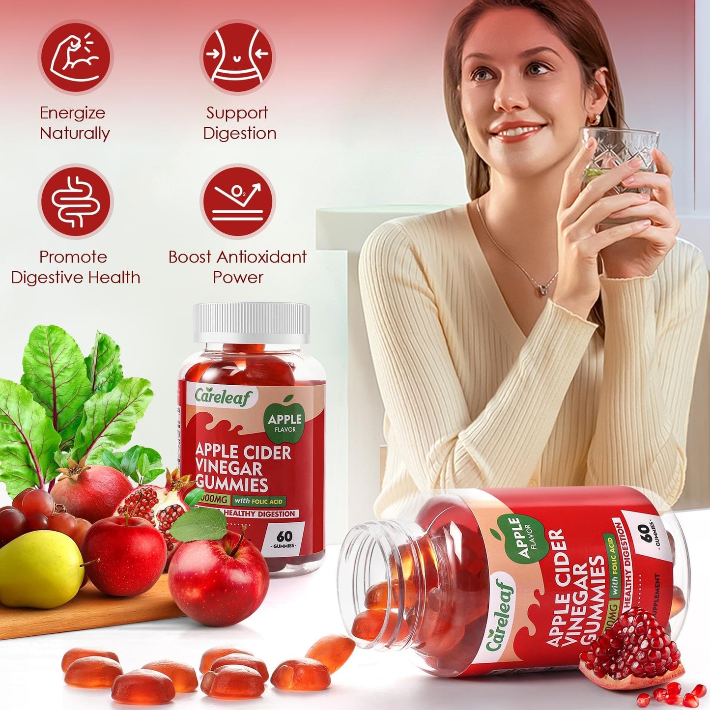 careleaf Apple Cider Vinegar Gummies 60 Counts 1000mg AVC with Vitamin B6 Vitamin B12 for Metabolism, Digestion, Detox, Gut & Immune Health