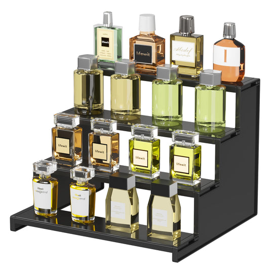 Lifewit Plastic 12 Inch Dark Cologne Stand, Step Perfume Organizer,Versatile Display Stand Shelf for Fragrance, Skincare, Figurine, Dessert, Use for Vanity, Tabletop, Cabinet,1 Set