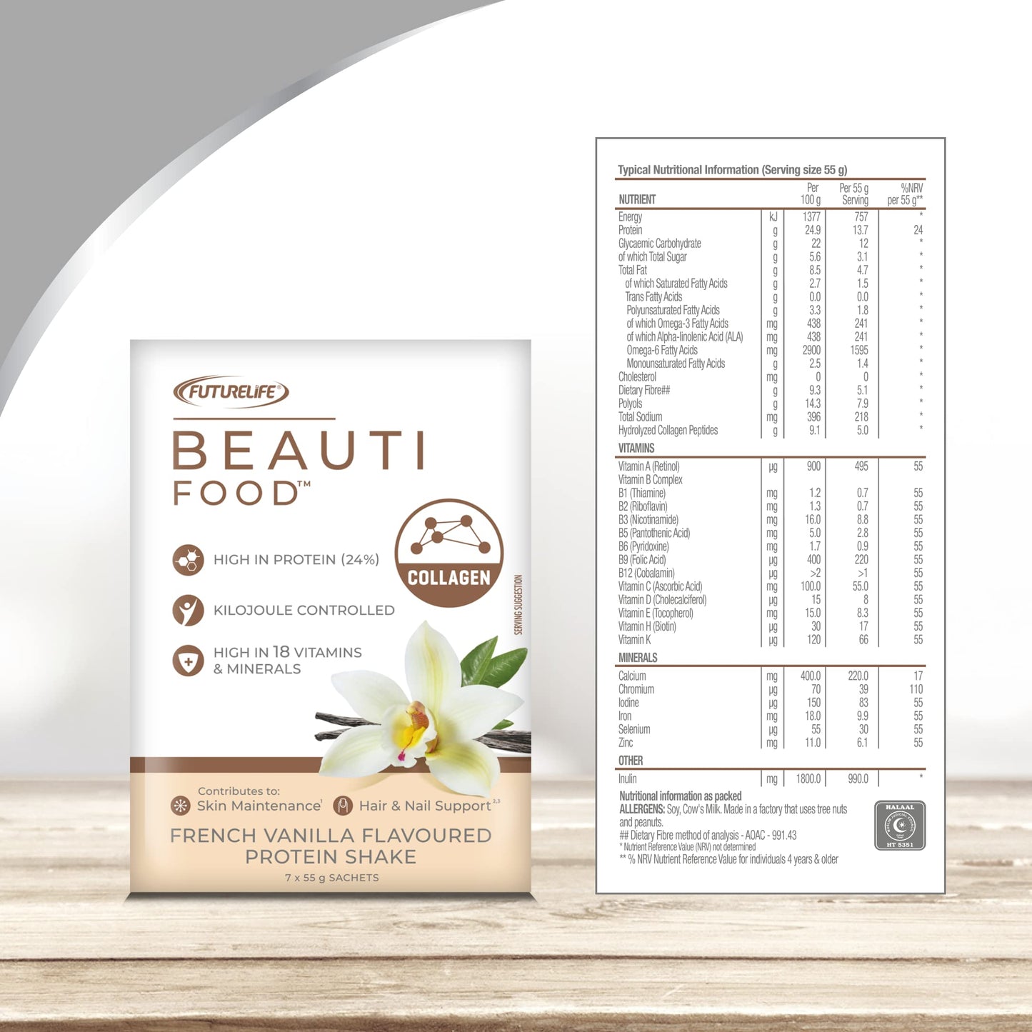 Future Life FUTURELIFE Beauti Food | Nutritional Sachets | Caramel Latte Flavor | 55g/1.94oz * 7 Sachets | 3 Pack - 21 Units | 13.4g Protein | 5g Hydrolyzed Collagen Peptides |