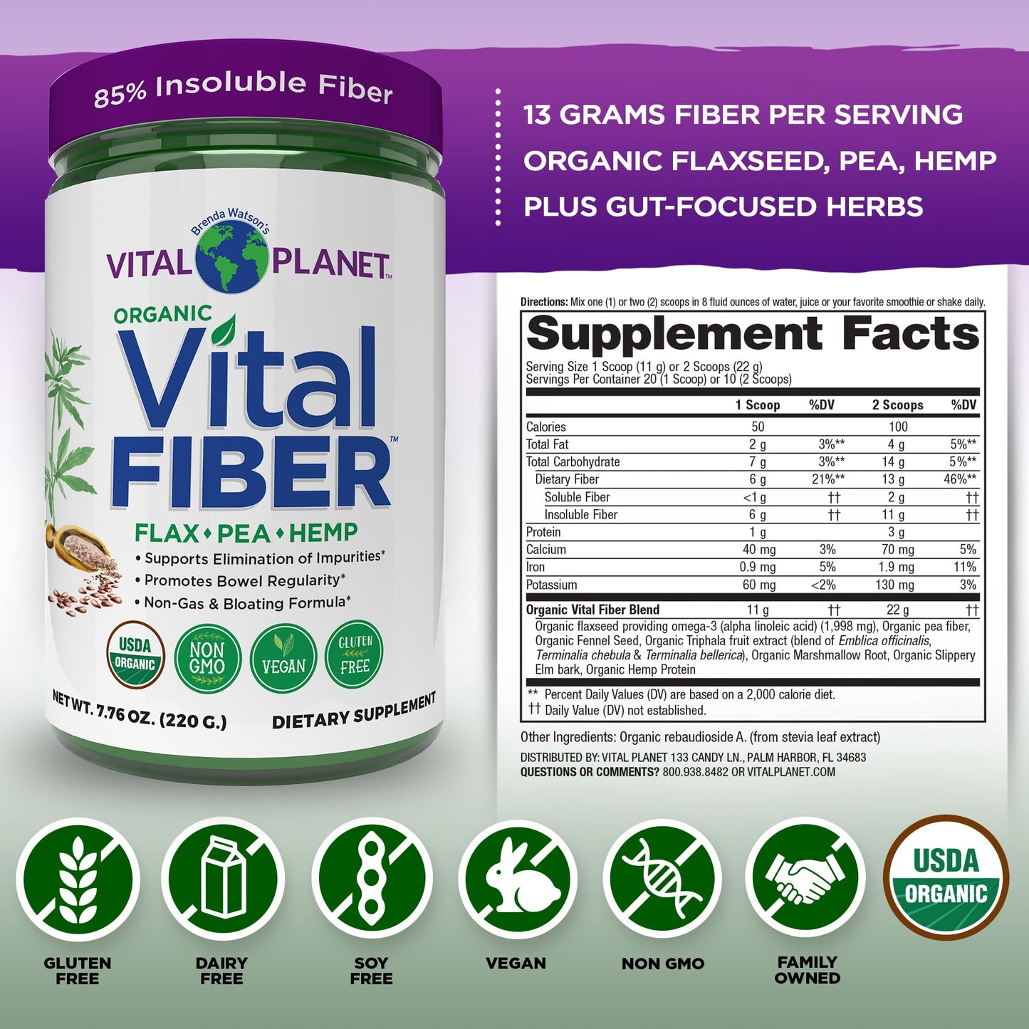 Vital Planet - Vital Fiber Powder, Soluble and Insoluble Fiber Supplement with Flax, Pea and Hemp, Organic Daily Dietary Supplement Supports Gut Digestive Regularity 7.76 oz