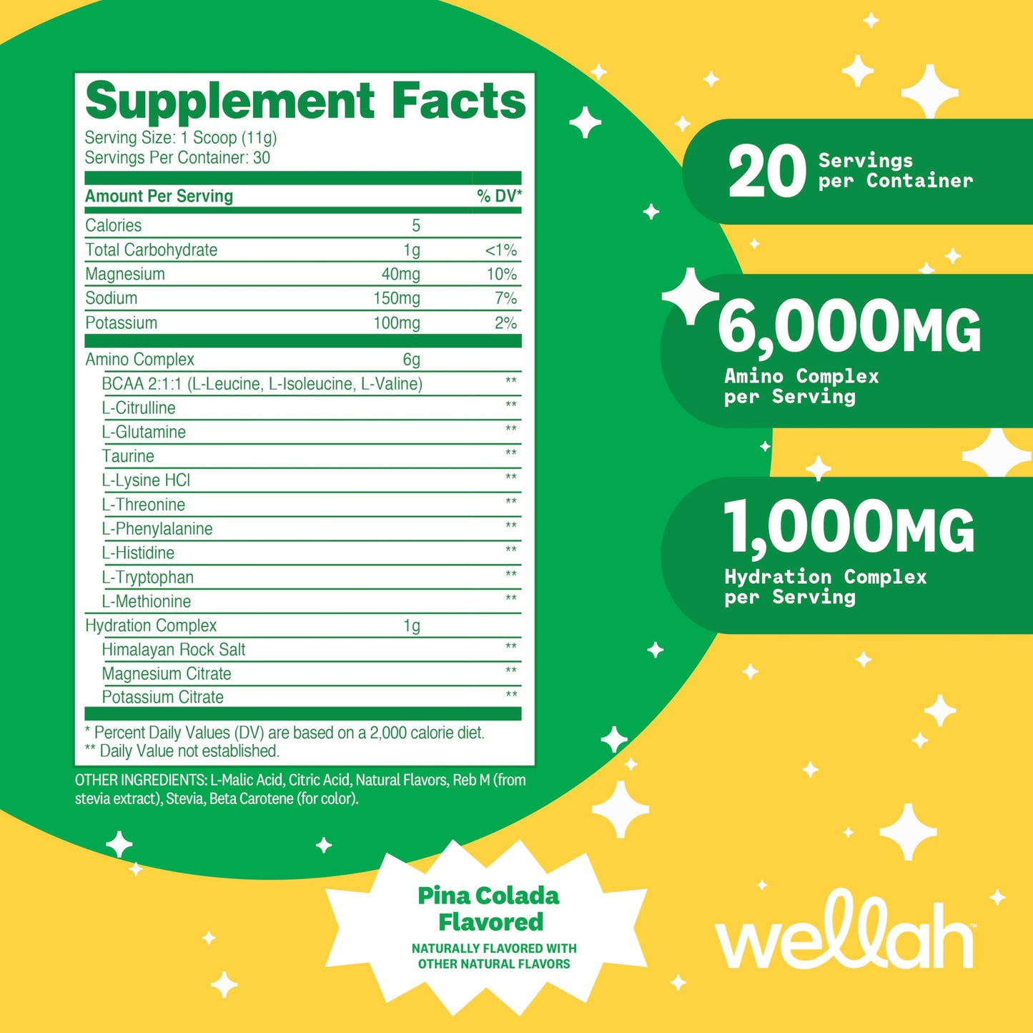 Wellah So Long Soreness BCAA Powder (Pina Colada Flavored) 30 Servings - with Hydration Complex