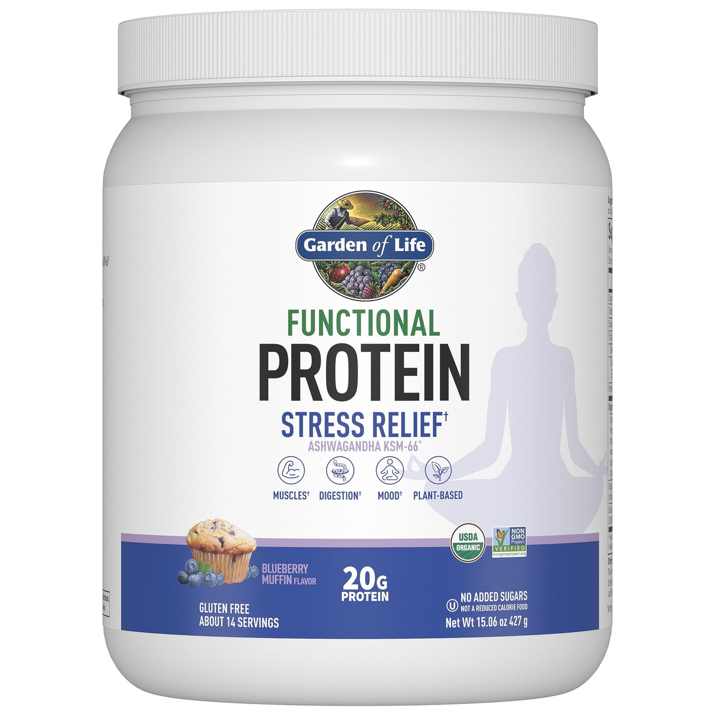 Garden of Life Functional Protein Stress Relief - 20g Organic Sprouted & Fermented Protein Blend - Blueberry Muffin, Mood Blend for Stress Management, Ashwagandha KSM-66, Vegan About 14 Servings
