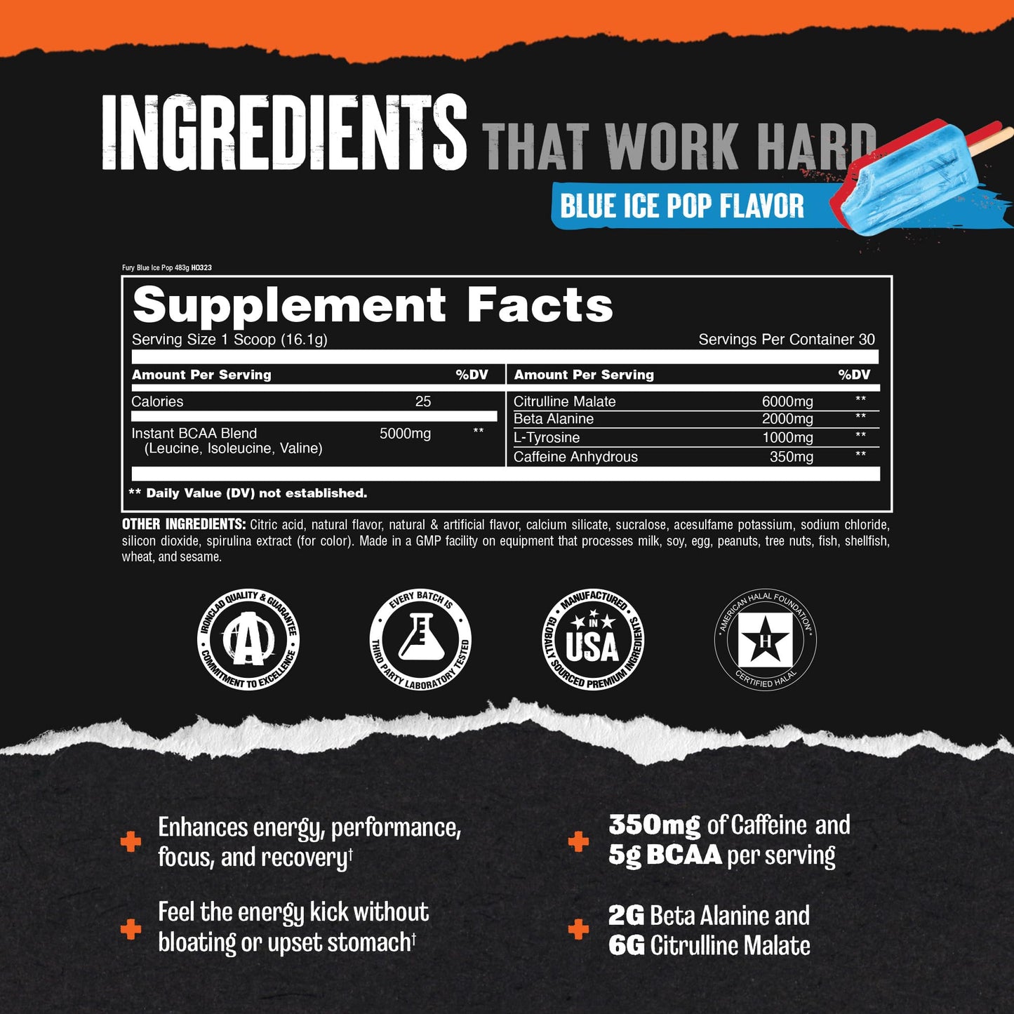 Animal Fury Pre Workout Powder - Energy and Focus Supplement with 5g BCAA, 350mg Caffeine Nitric Oxide Booster with Beta-Alanine, Preworkout for Men and Women, Blue Ice Pop Flavor, 30 Servings